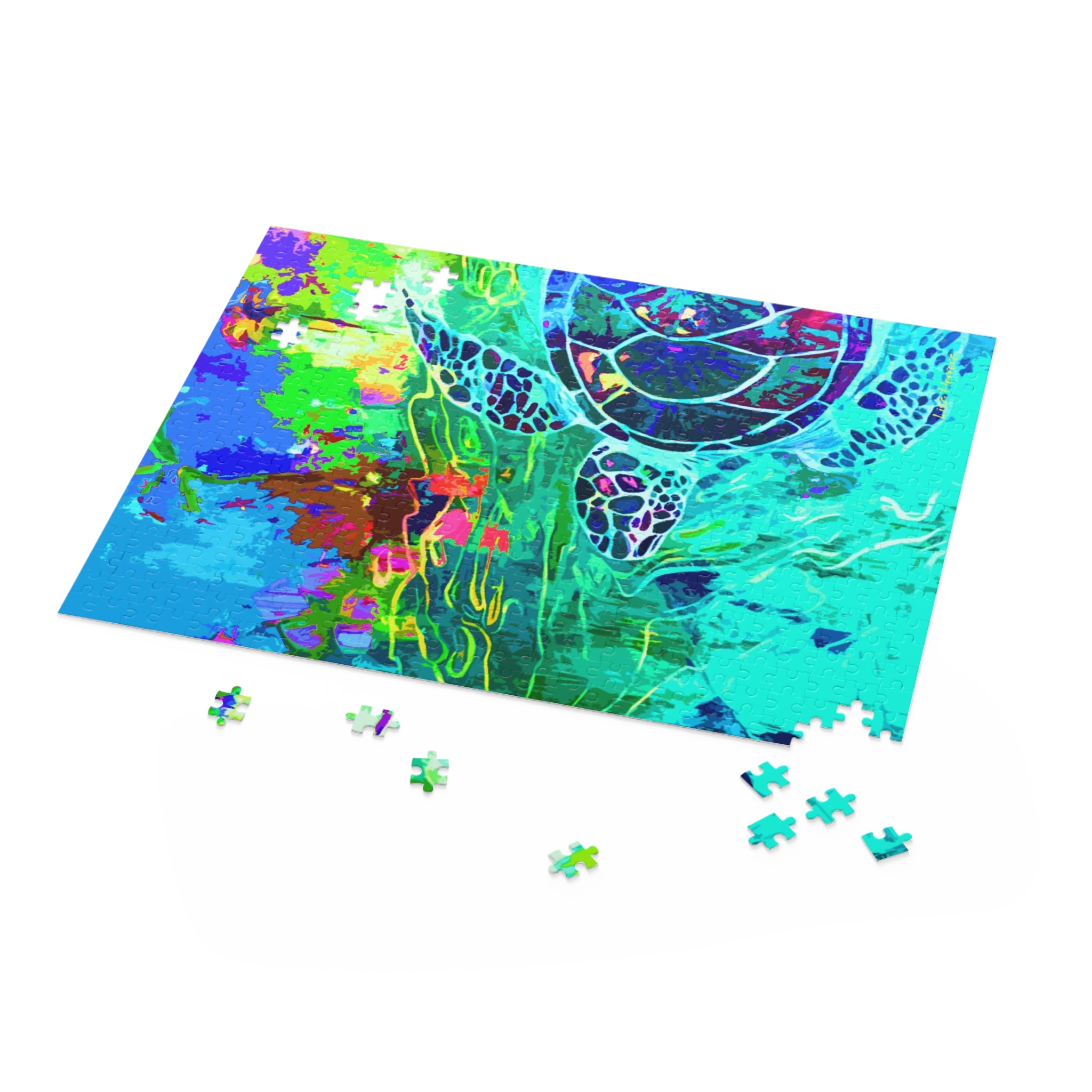 Puzzle Lisa Herrera art Swimming Turtle Abstract Puzzle — Colorful Beach Art Jigsaw (120/252/500-Piece)
