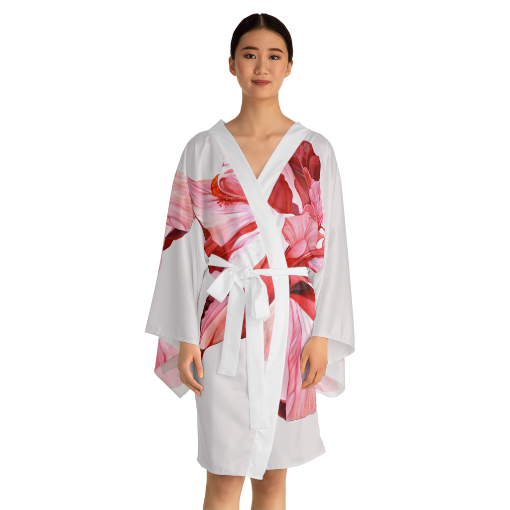 Kimono Pink Hibiscus Robe – Pink Hibiscus Print Long Sleeve Lounge Robe