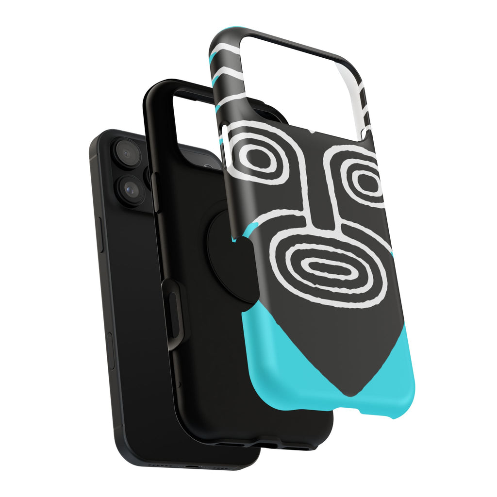 Phone case Impact-Resistant  — Abstract Tribal Mask Design (Black & Teal)