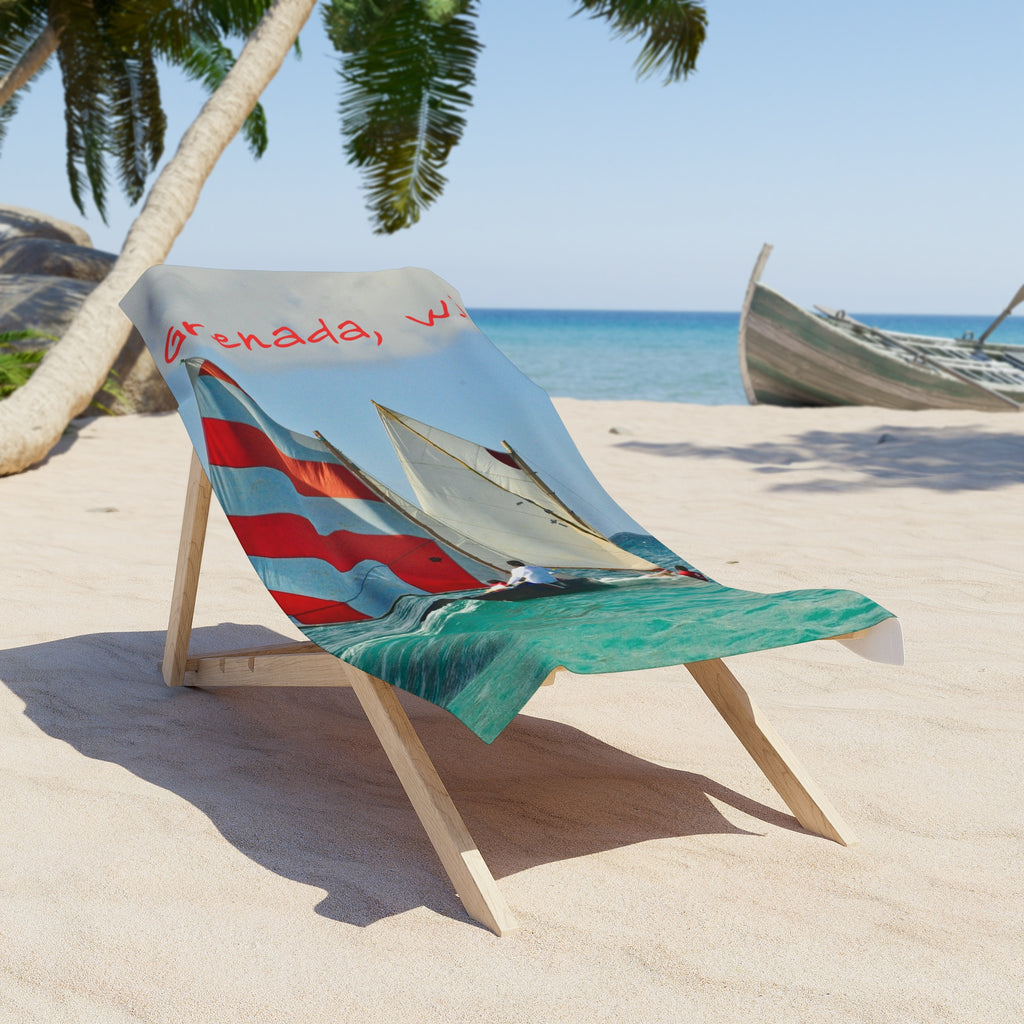 Beach Towel Grenada W.I. Print of Painting Work Boat Sailing Regatta— Print of Painting Red-Striped Sailboat Print