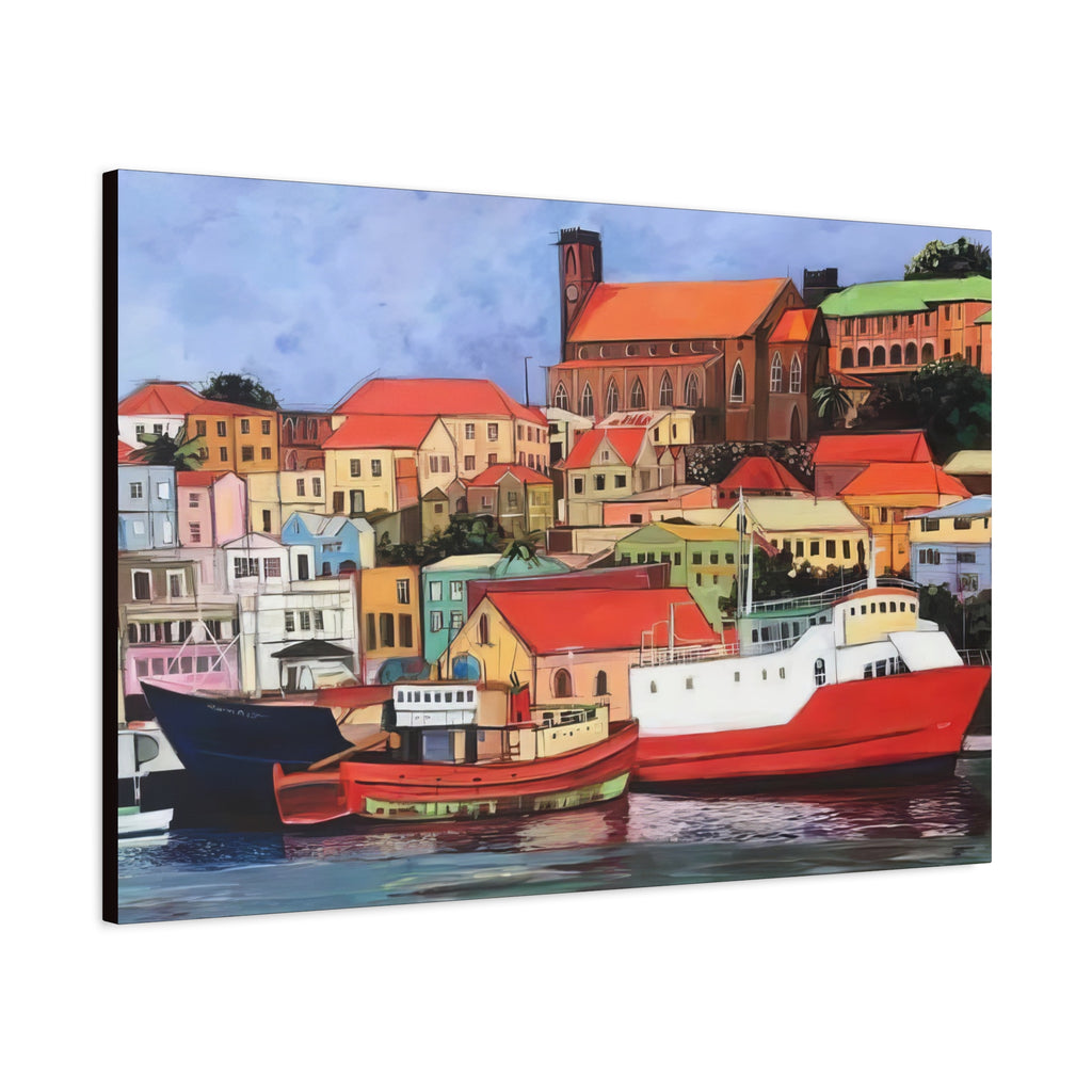 Printed Canvas of St. George's Carenage  Matte Canvas Print — Colorful Coastal Boats Wall Art