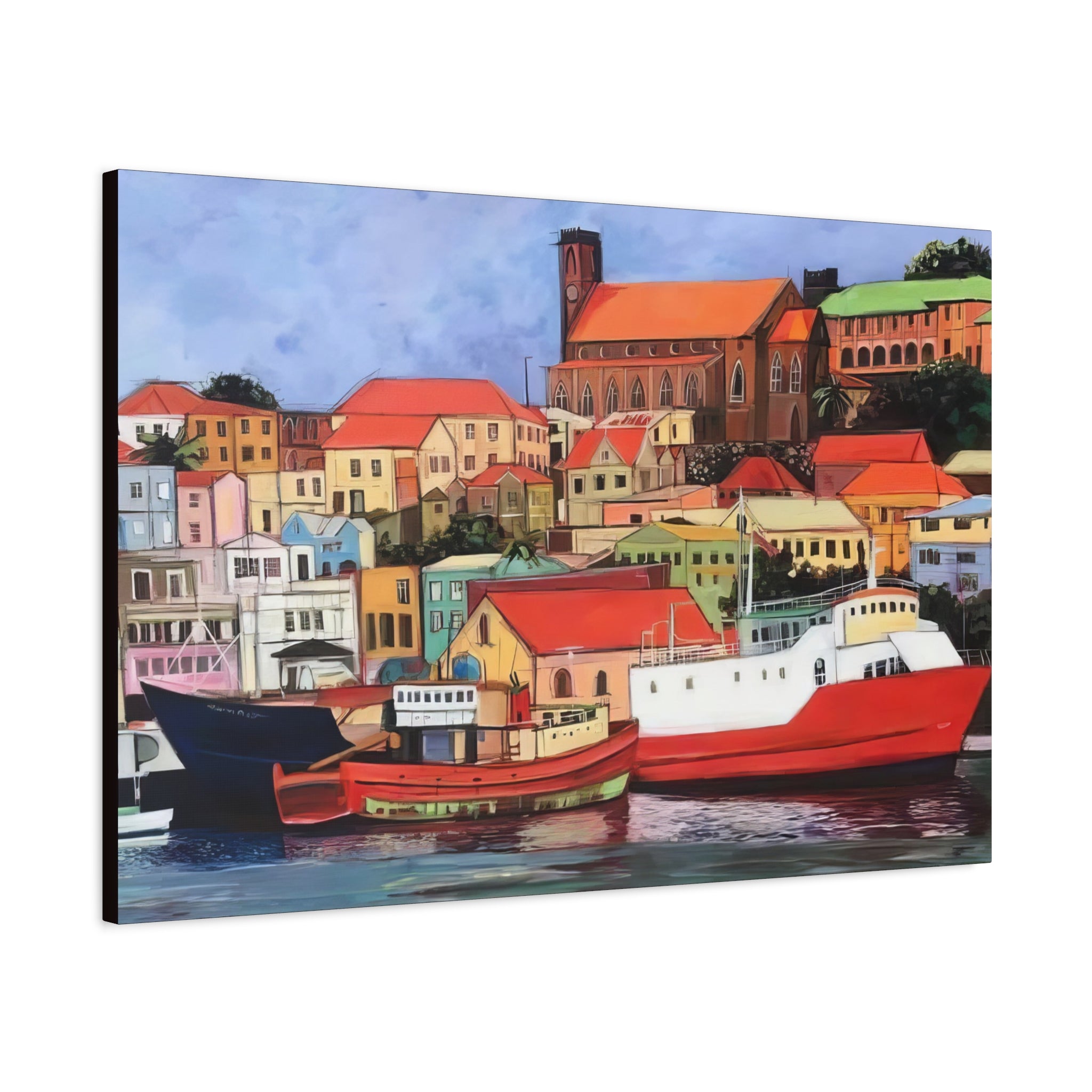 Printed Canvas of St. George's Carenage  Matte Canvas Print — Colorful Coastal Boats Wall Art