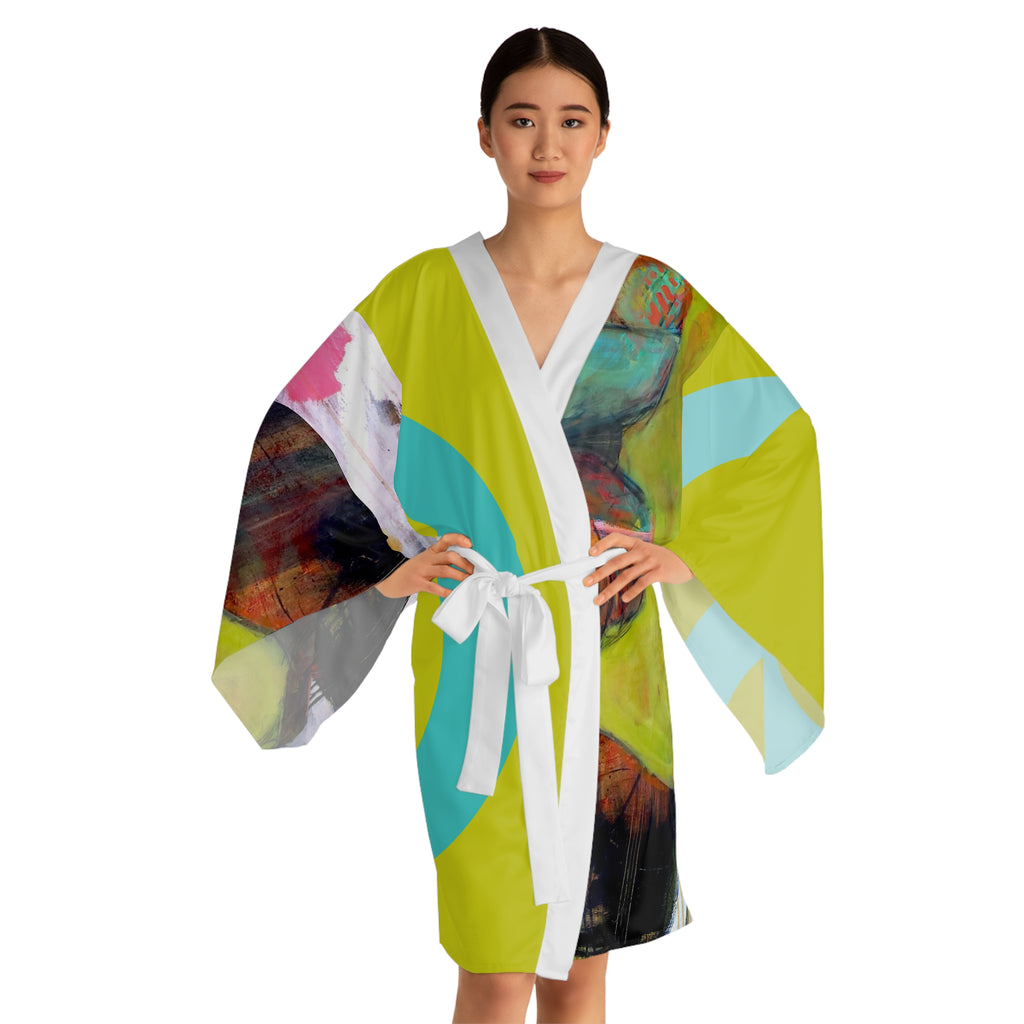 Kimono Robe Artistic Fruit Lady with Basket Painting   — Tropical Fruit Basket Portrait Long Sleeve