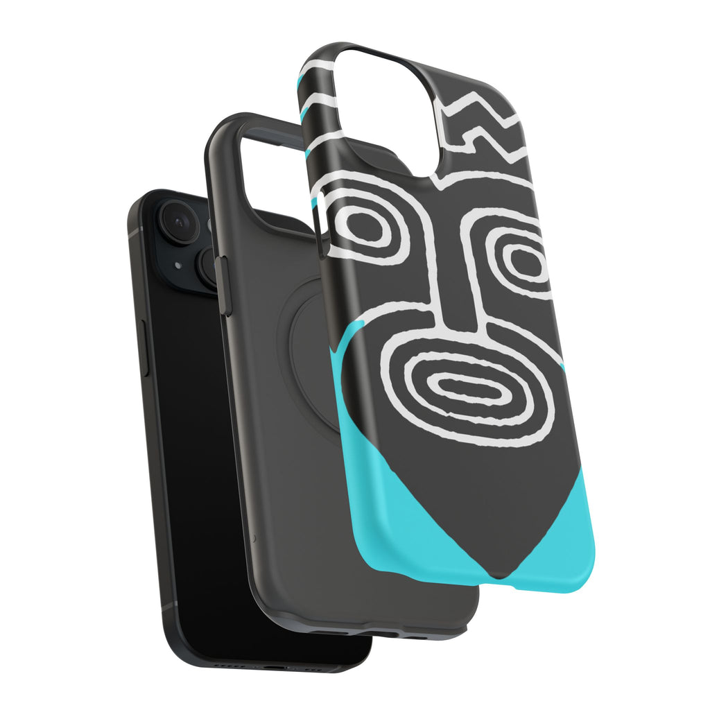 Phone case Impact-Resistant  — Abstract Tribal Mask Design (Black & Teal)