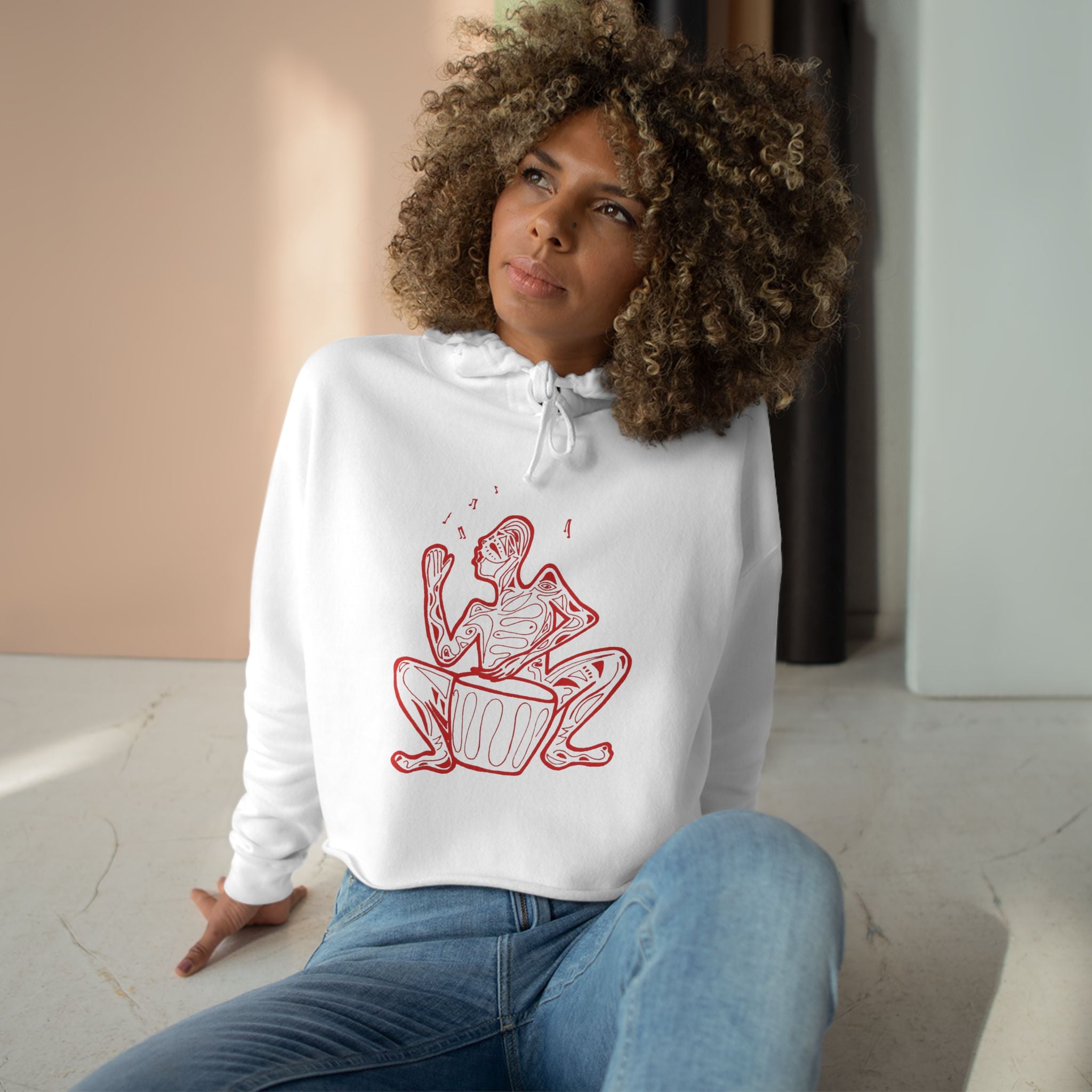 Cropped Hoodie Line drawing of Native Drummer —  Art Figure Graphic