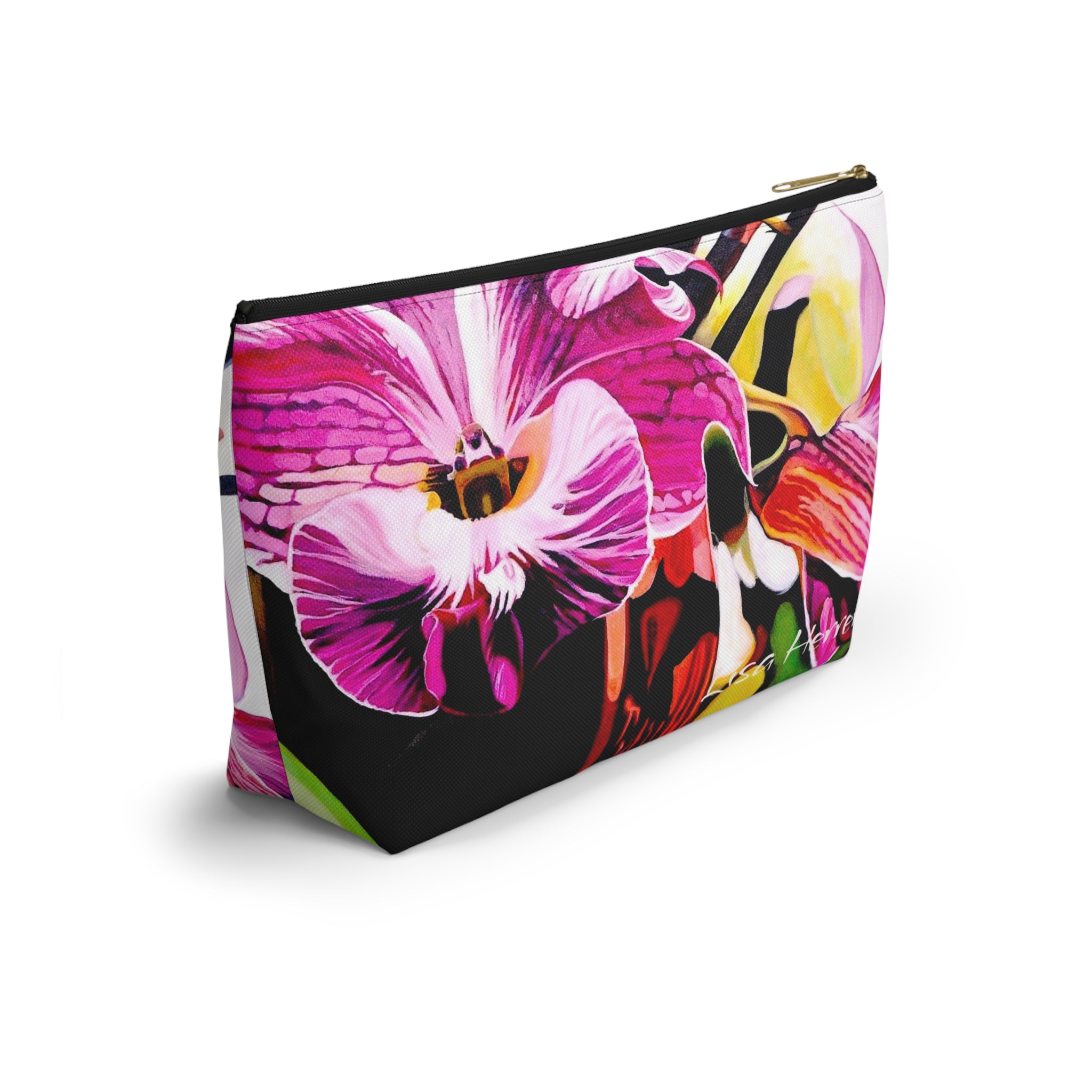 Floral Orchid Accessory Pouch Lisa Herrera art  — Pink Tropical Makeup Bag with T-Bottom