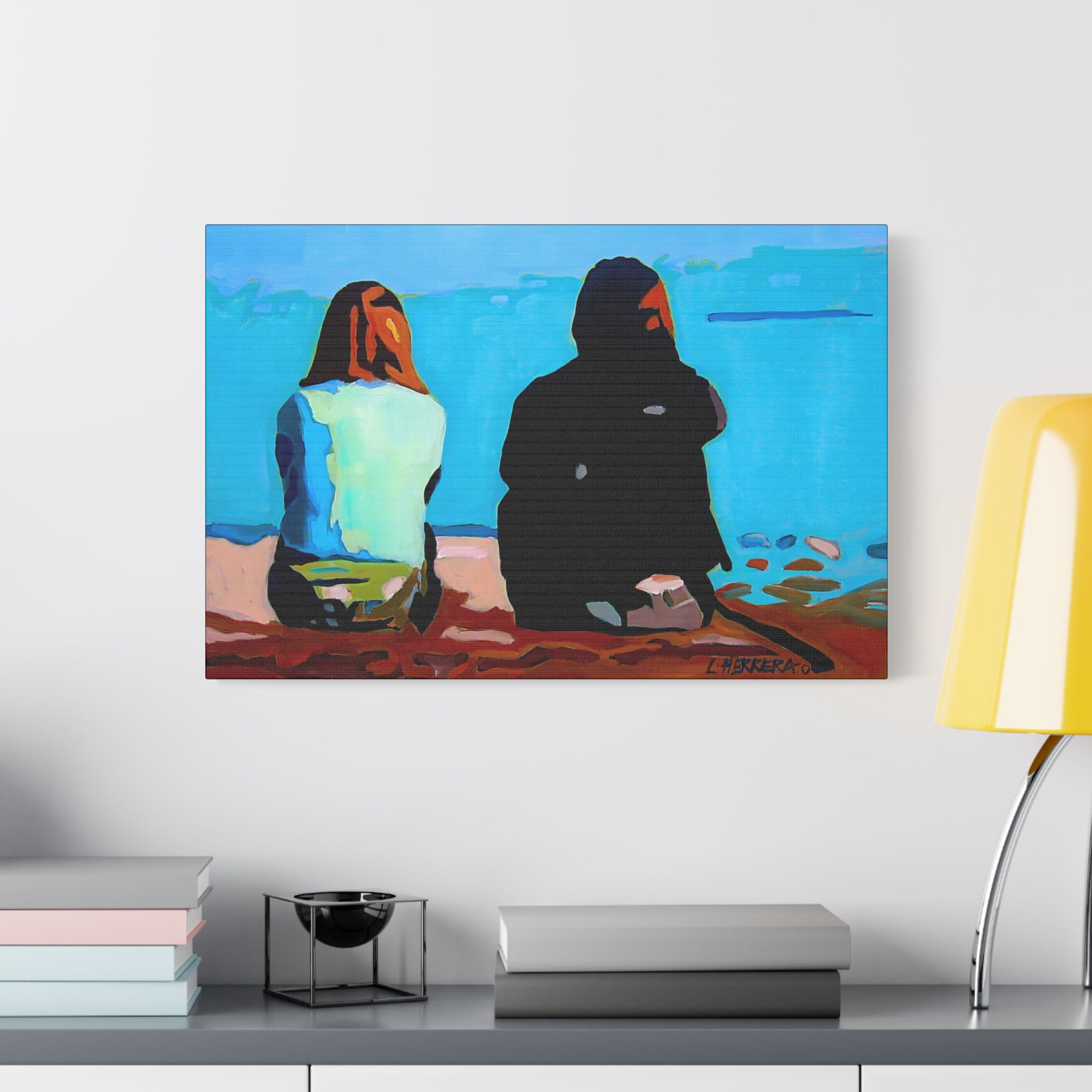 Canvas Print Lisa Herrera Art Beachside Conversation Satin Canvas Wall Art — Friends Sitting by Ocean Stretched Print