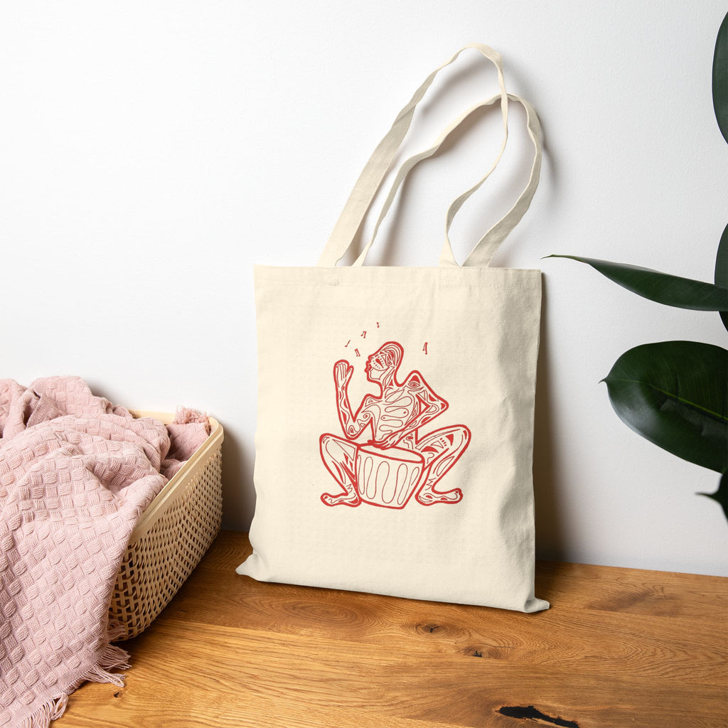 Tote Bag Canvas with Red Line Art Native Drummer — Eco-Friendly Music Lover Tote