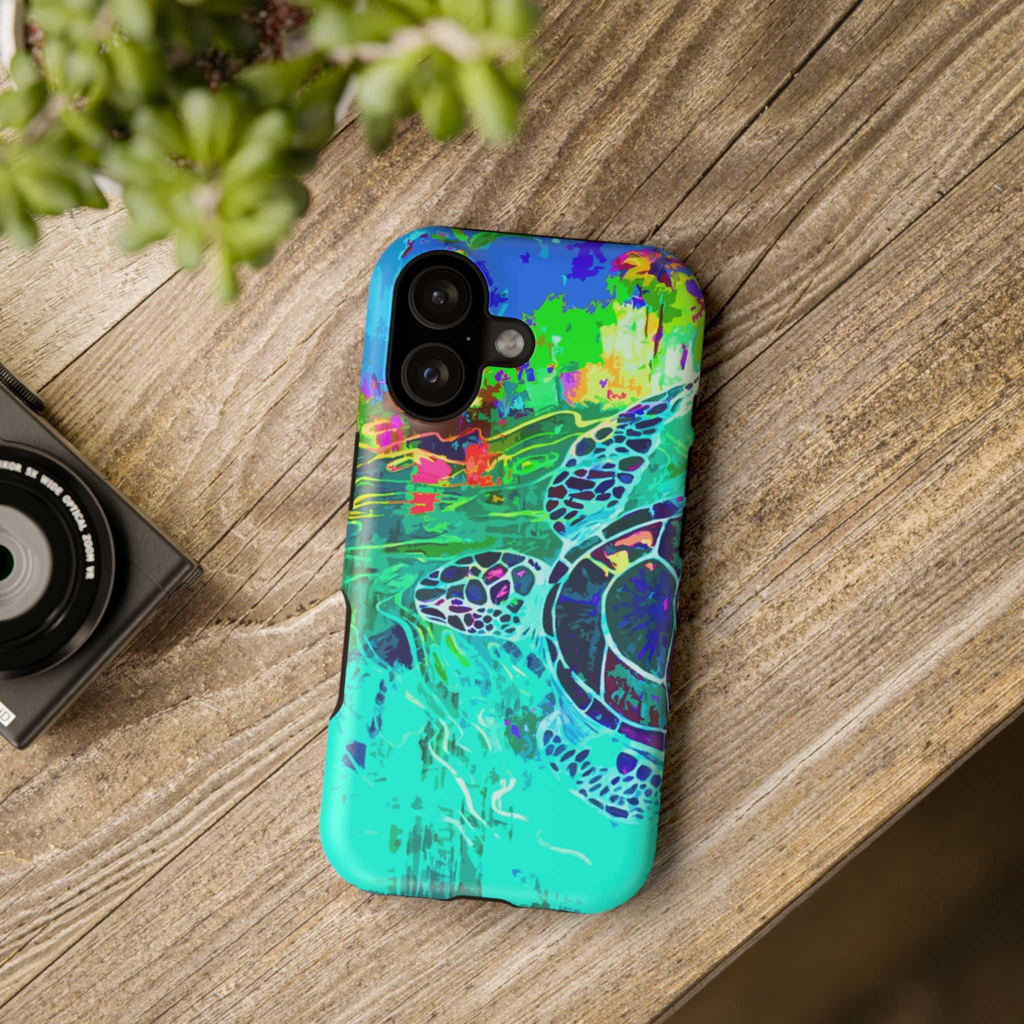 Phone Case Lisa Herrera art print Sea Turtle — Vibrant Teal Impact-Resistant Cover