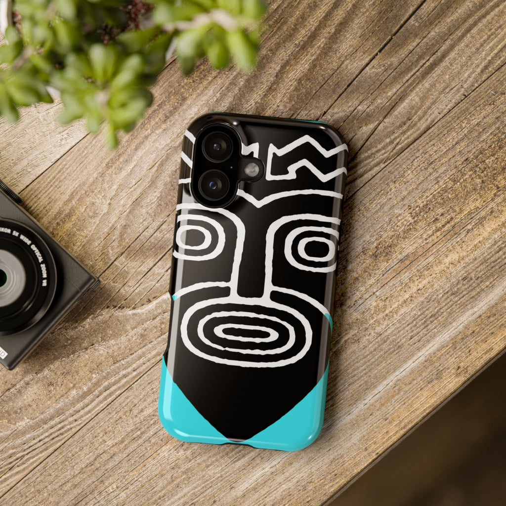 Phone case Impact-Resistant  — Abstract Tribal Mask Design (Black & Teal)