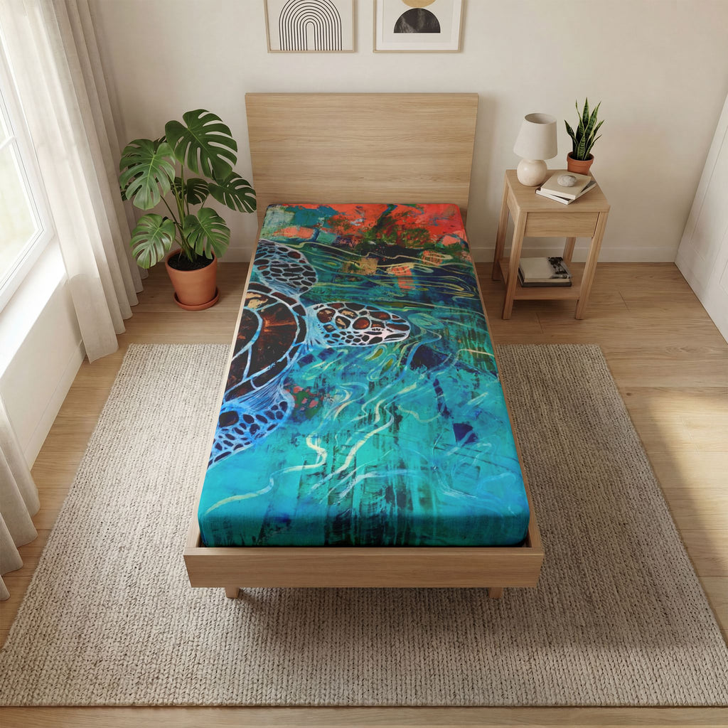 Bed Sheet Sea Turtle Abstract Fitted Sheet – Ocean Blue Artistic Bedding