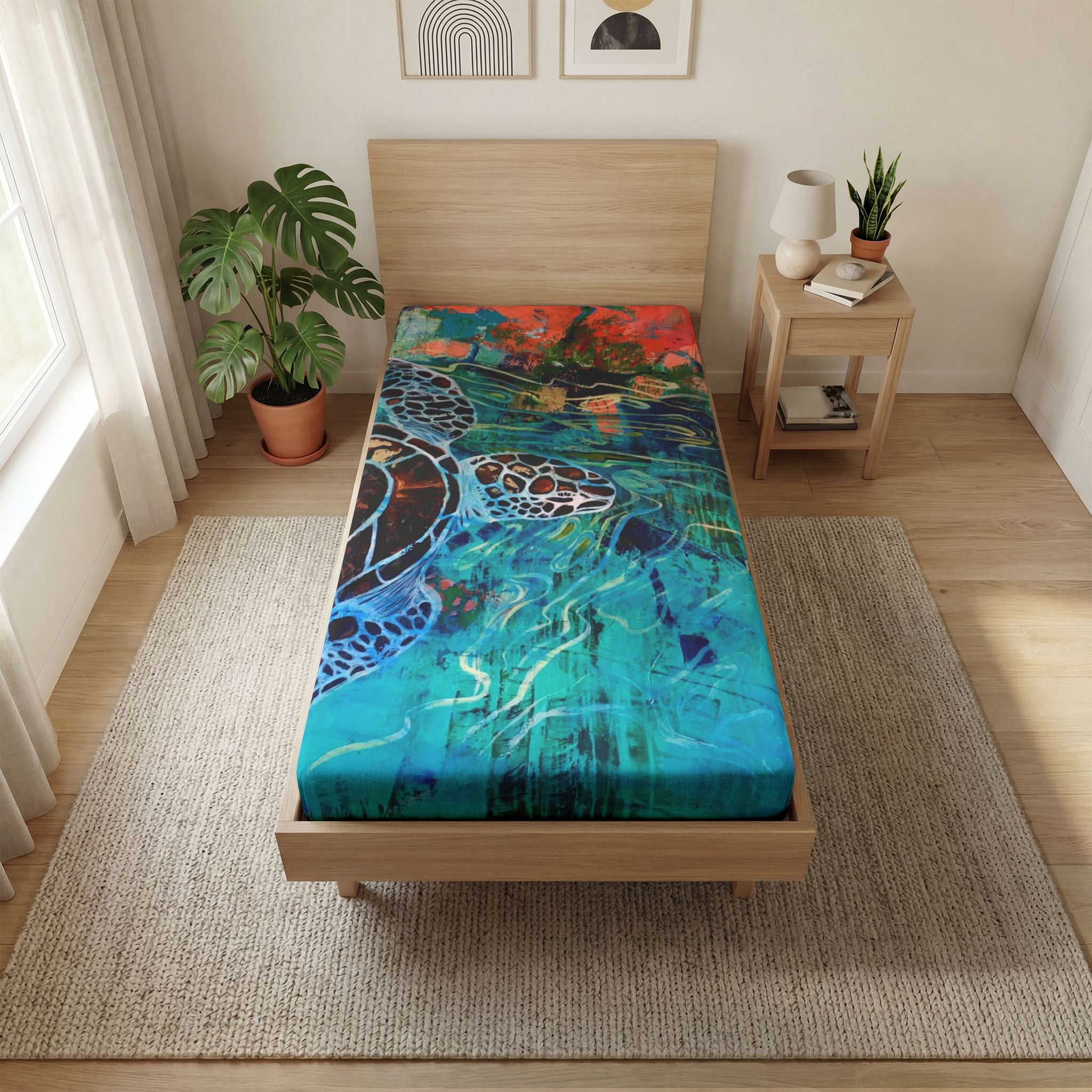 Bed Sheet Sea Turtle Abstract Fitted Sheet – Ocean Blue Artistic Bedding