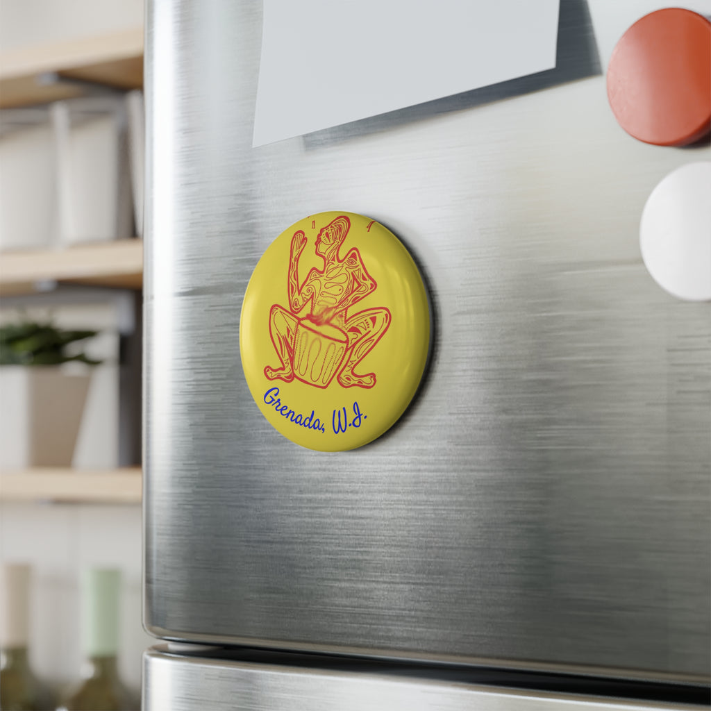 Round Magnet Drummer line art Round Magnet — Red Line on yellow Art Button Magnet