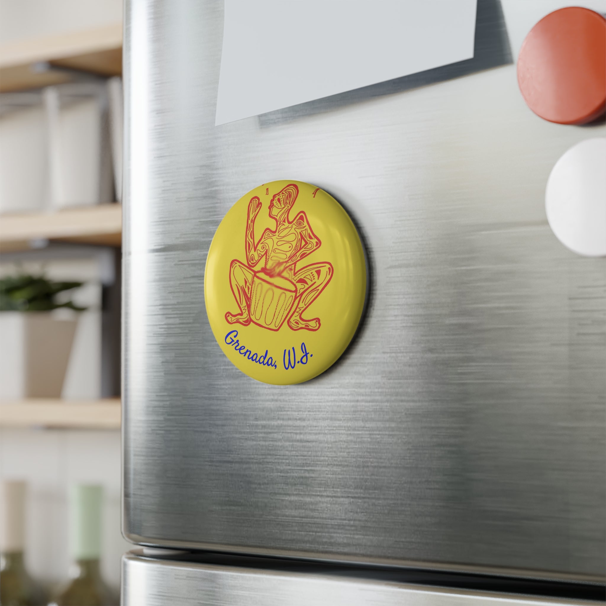 Round Magnet Drummer line art Round Magnet — Red Line on yellow Art Button Magnet