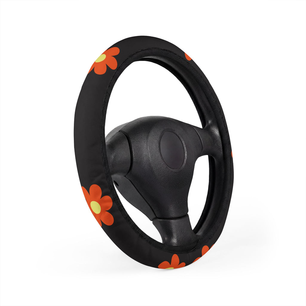 Steering Wheel Cover - Retro Orange Flower on black