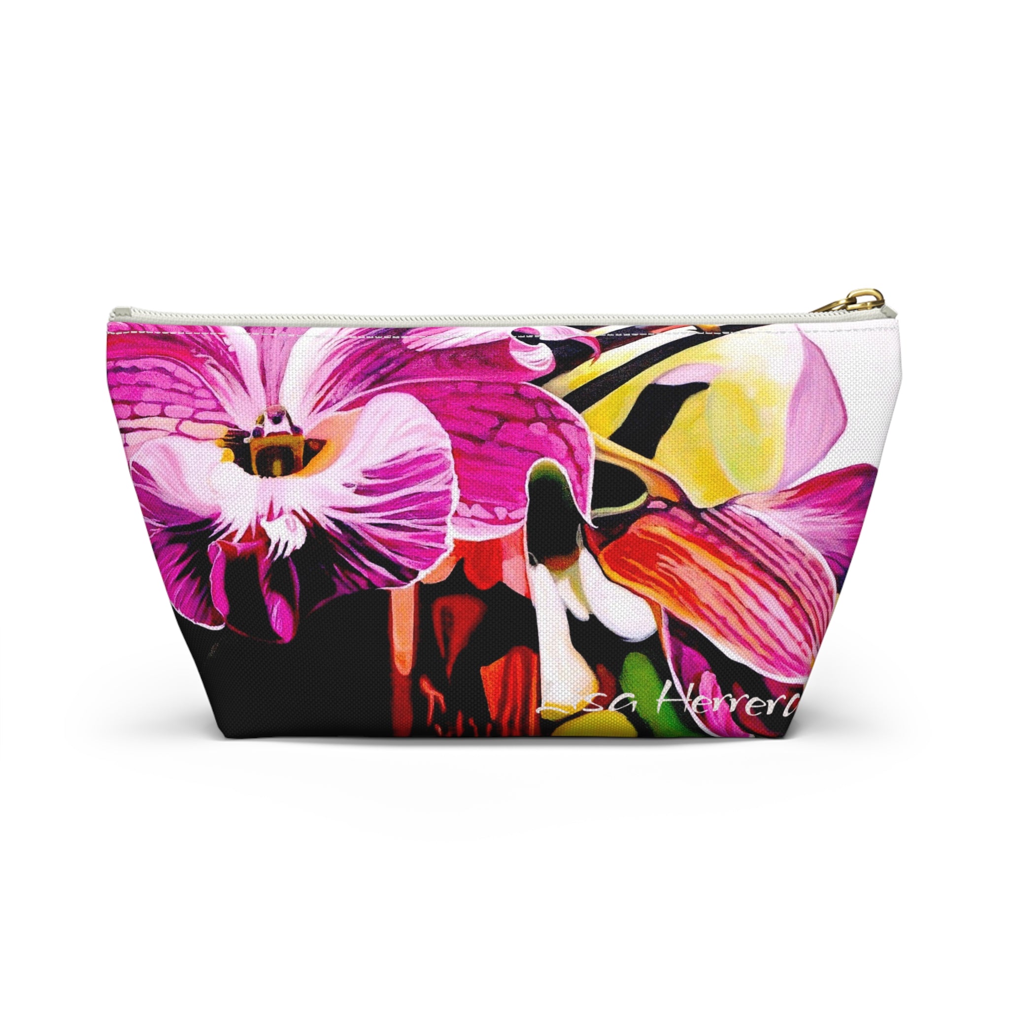 Floral Orchid Accessory Pouch Lisa Herrera art  — Pink Tropical Makeup Bag with T-Bottom