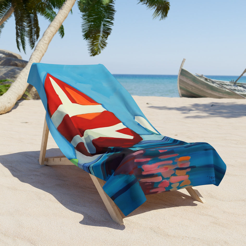 Beach Towel Print of Painting Sail Boats — Colorful Nautical Art Towel for Summer