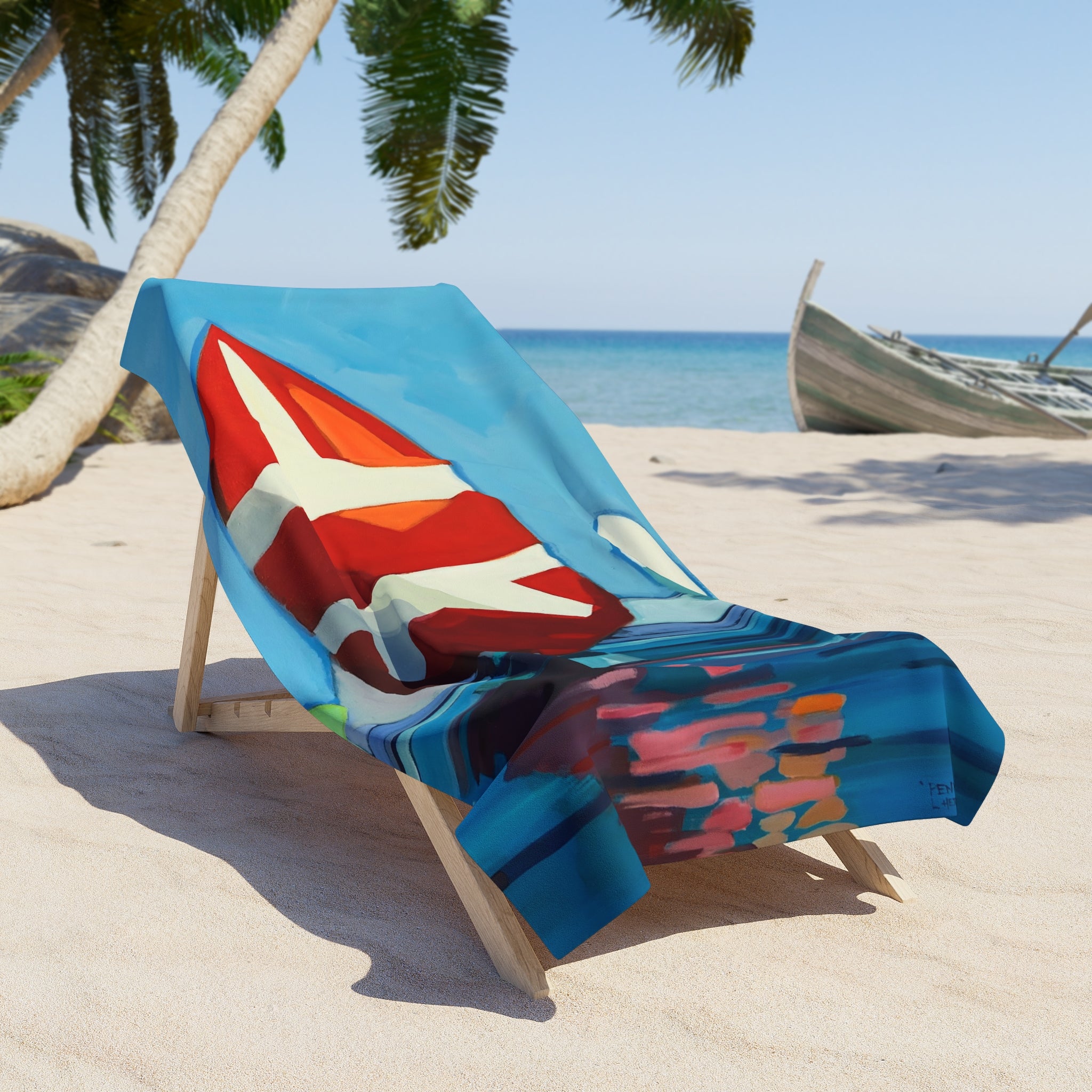 Beach Towel Print of Painting Sail Boats — Colorful Nautical Art Towel for Summer