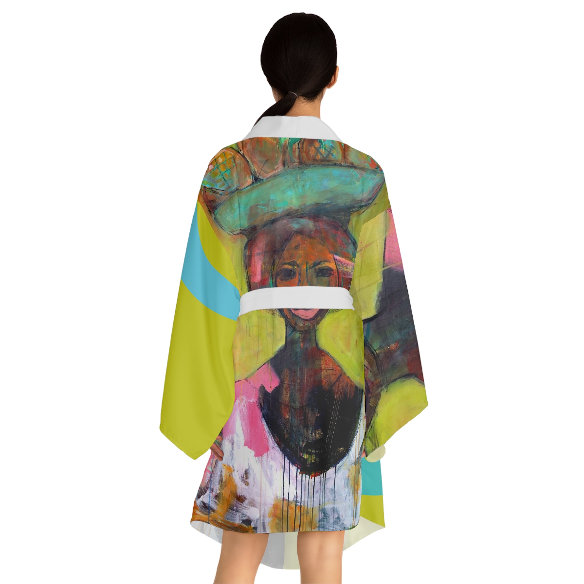 Kimono Robe Artistic Fruit Lady with Basket Painting   — Tropical Fruit Basket Portrait Long Sleeve