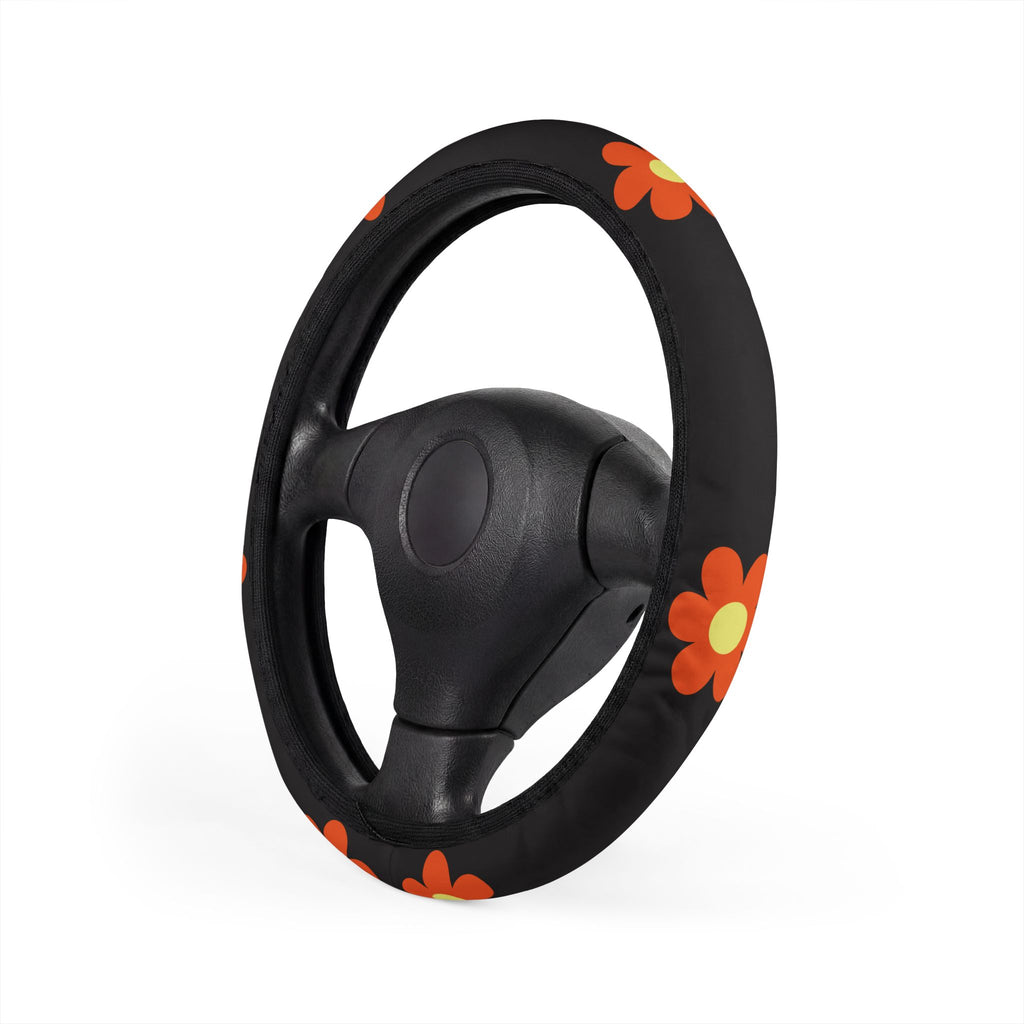 Steering Wheel Cover - Retro Orange Flower on black