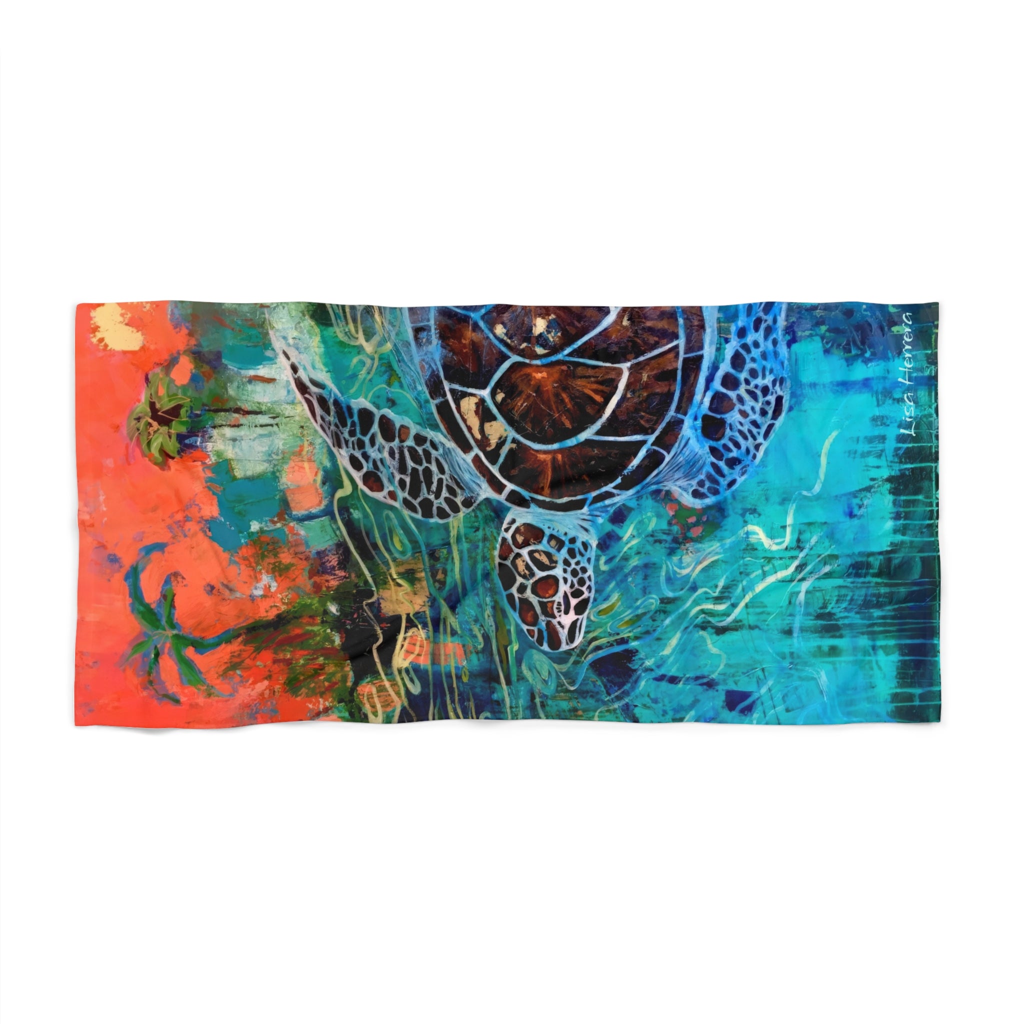 Beach Towel Sea Turtle Painting  — Vibrant Tropical Sunset Ocean Design