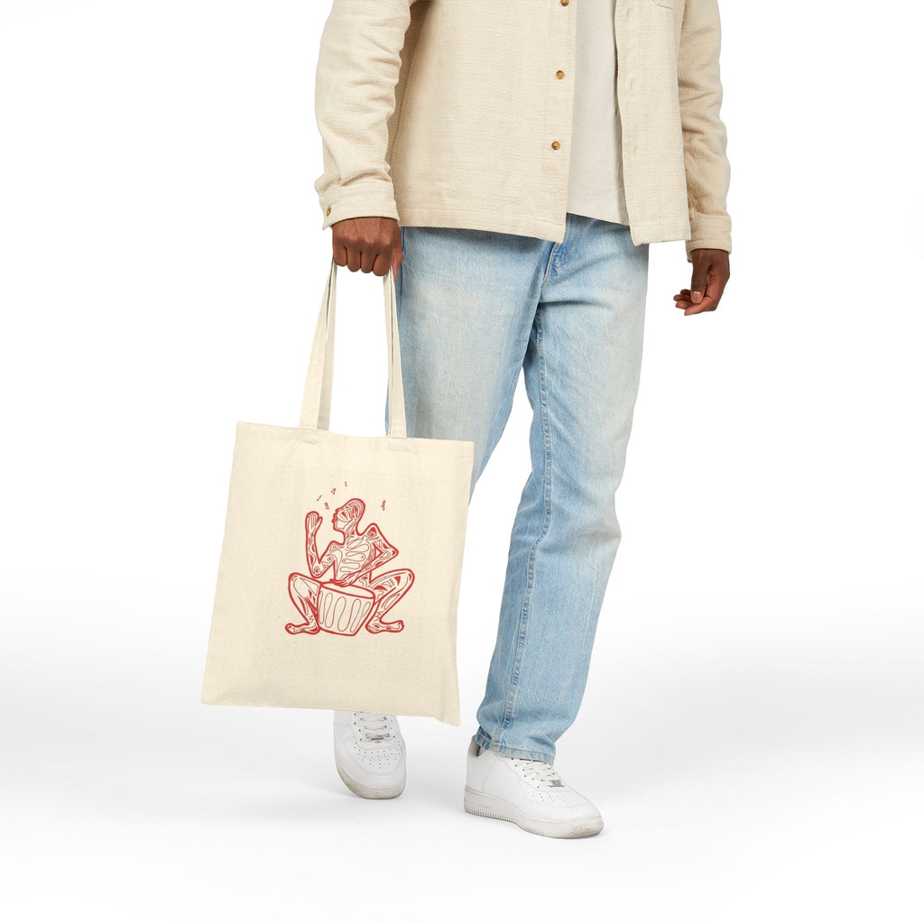 Tote Bag Canvas with Red Line Art Native Drummer — Eco-Friendly Music Lover Tote