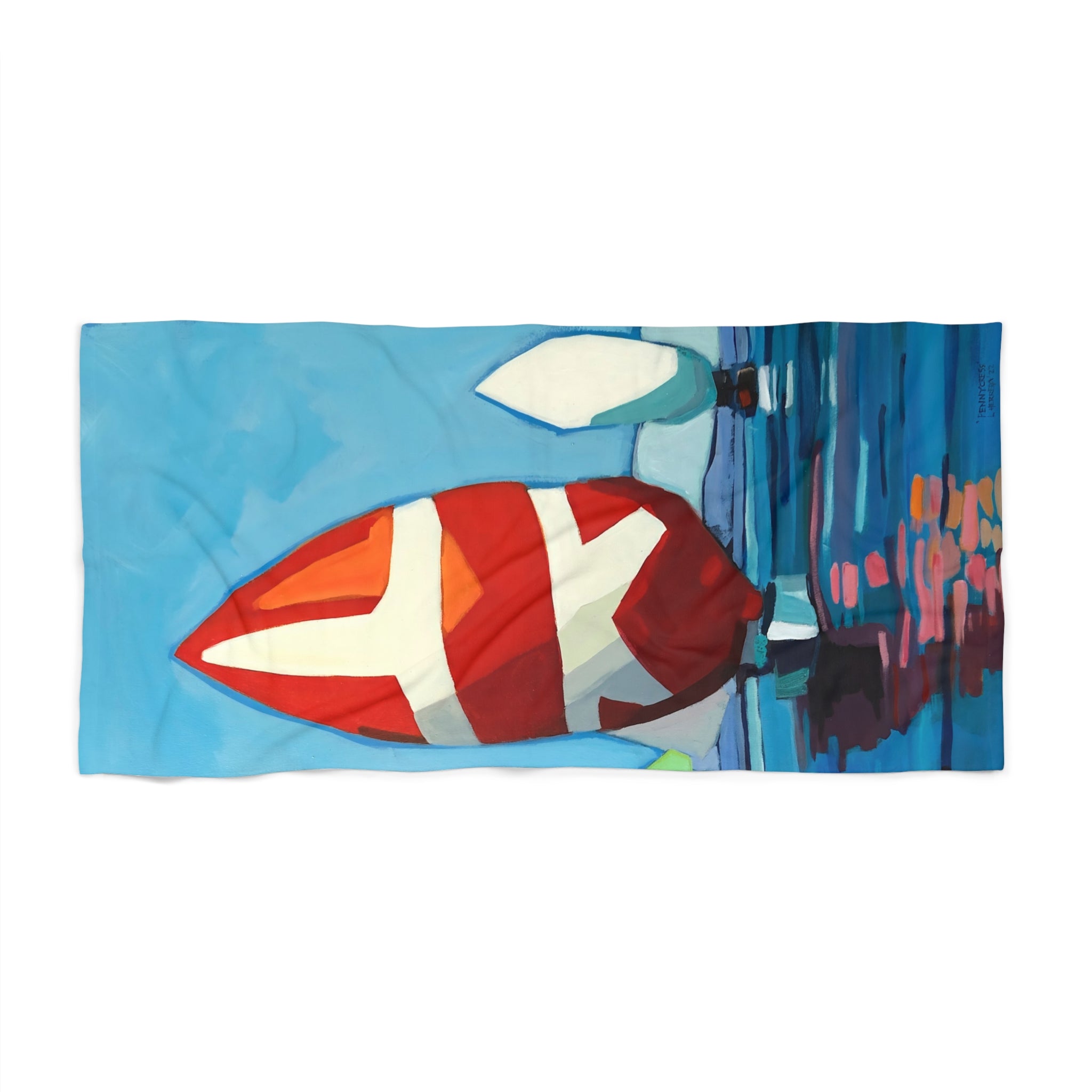 Beach Towel Print of Painting Sail Boats — Colorful Nautical Art Towel for Summer