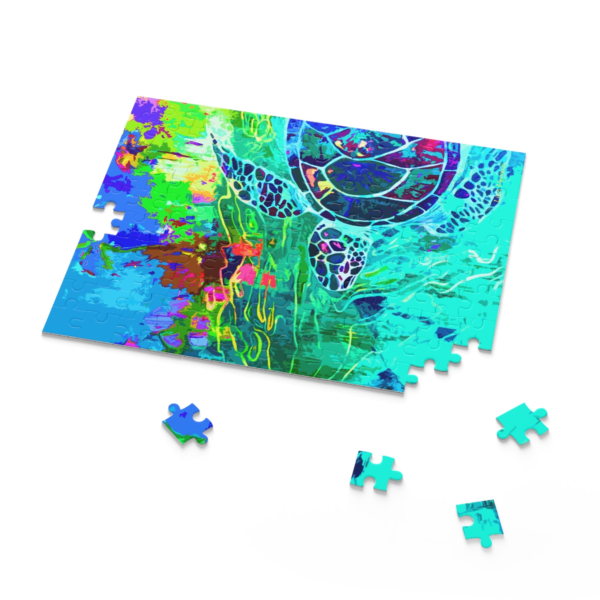 Puzzle Lisa Herrera art Swimming Turtle Abstract Puzzle — Colorful Beach Art Jigsaw (120/252/500-Piece)