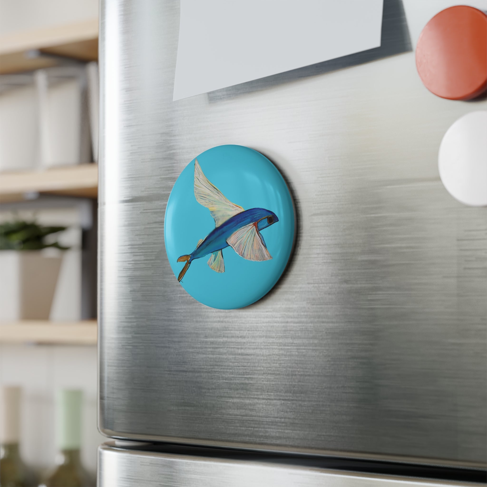 Flying Fish Magnet Turquoise — Round Ocean Art Button Magnet