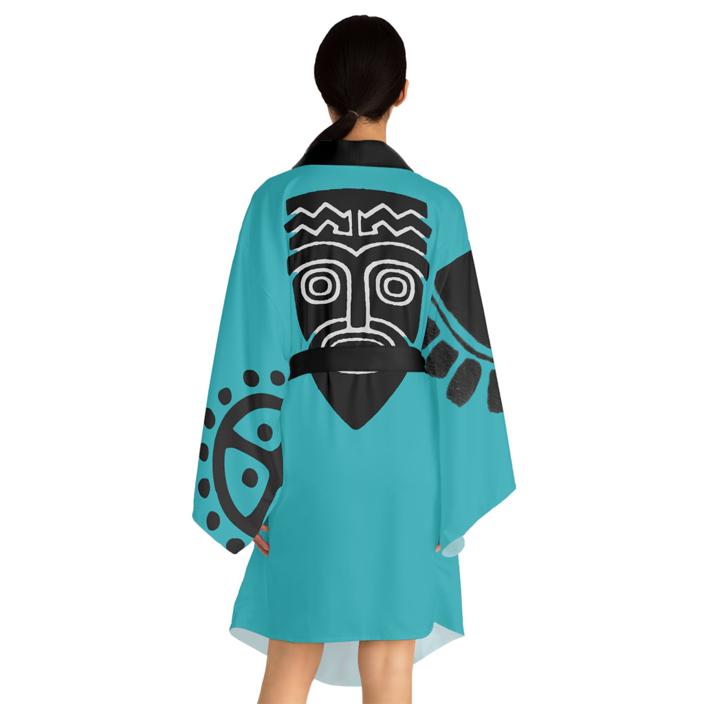 Kimono Robe Petroglyphs Blue — Lightweight Long Sleeve Lounge Wrap