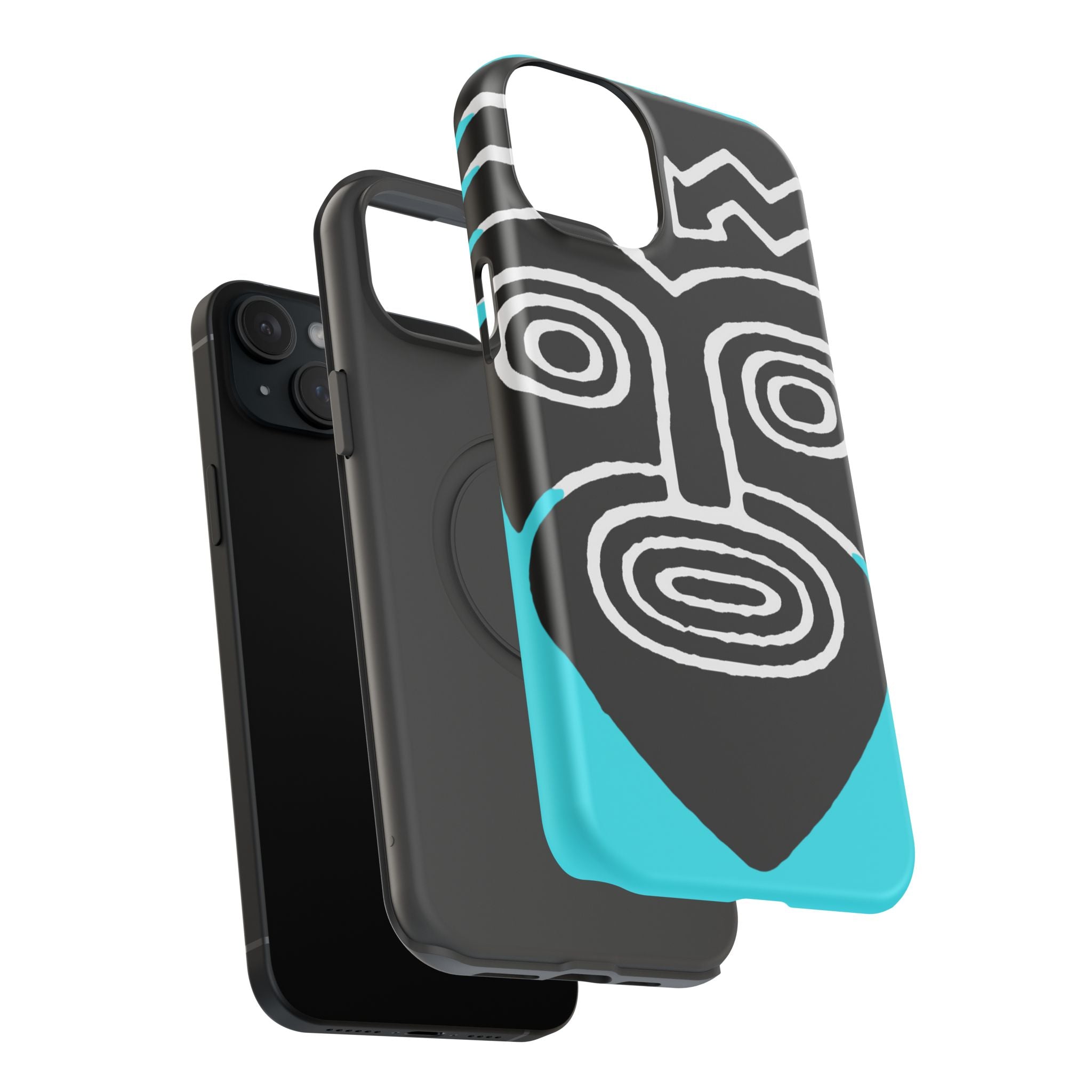 Phone case Impact-Resistant  — Abstract Tribal Mask Design (Black & Teal)