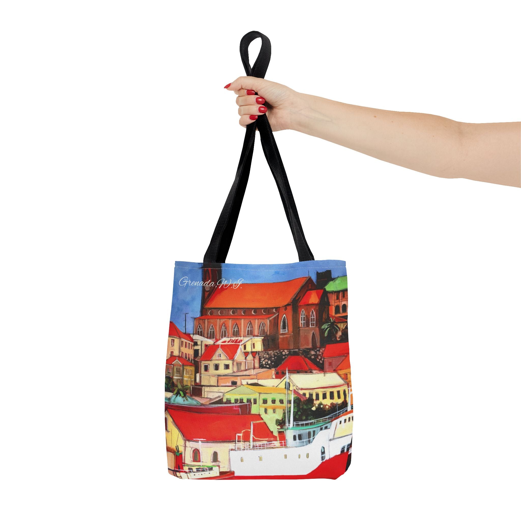 Tote Bag Grenada W.I. Town Buildings on the Carenage Colorful  — All-Over Print Canvas Beach & Market Shopper