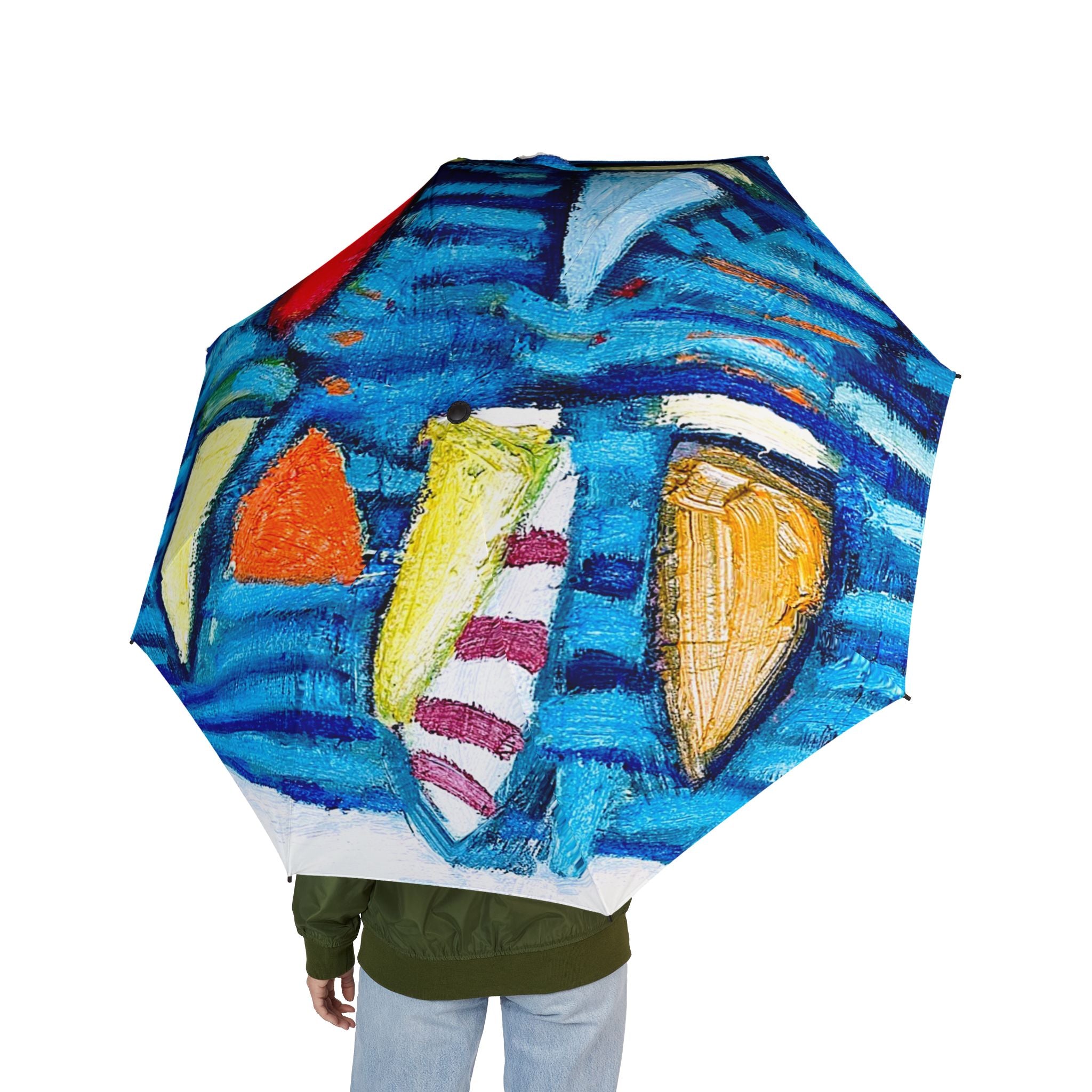 Foldable Umbrella — Colorful Abstract Fish Pattern Semi-Automatic Rain Umbrella