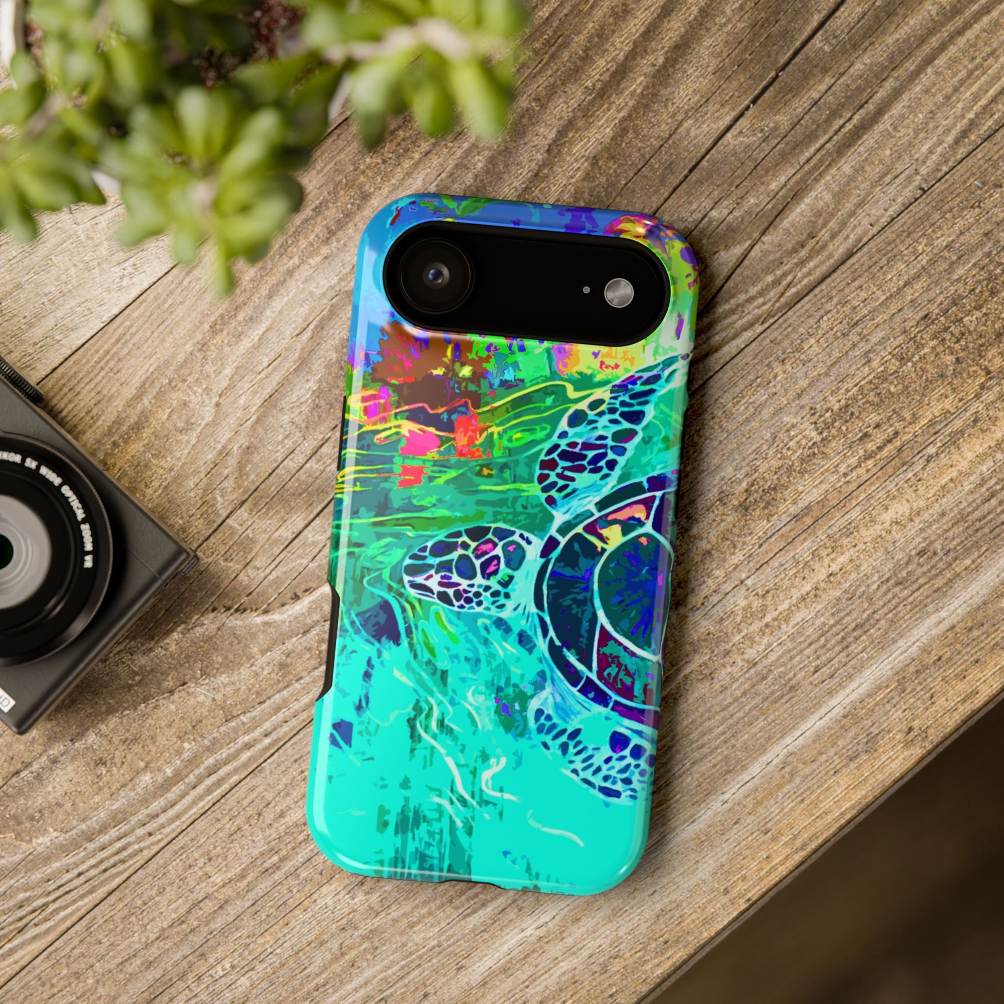 Phone Case Lisa Herrera art print Sea Turtle — Vibrant Teal Impact-Resistant Cover