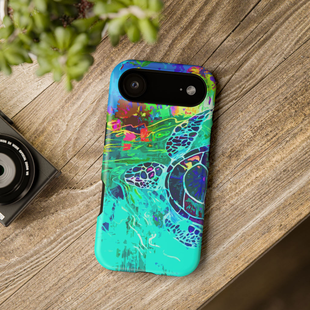 Phone Case Lisa Herrera art print Sea Turtle — Vibrant Teal Impact-Resistant Cover