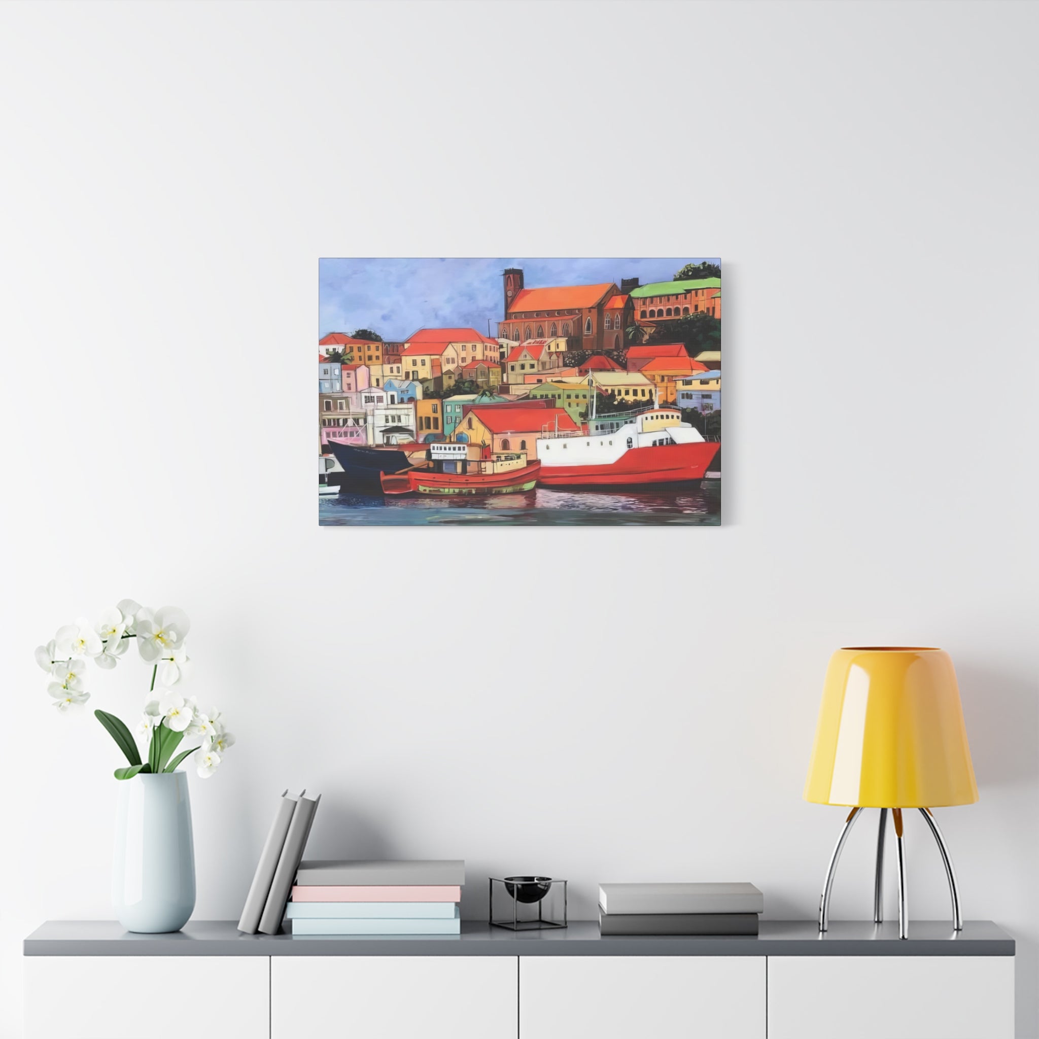 Printed Canvas of St. George's Carenage  Matte Canvas Print — Colorful Coastal Boats Wall Art