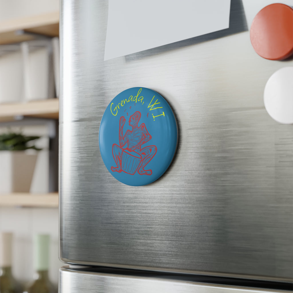 Round Magnet Red Drummer Blue — Red Line Art Button Magnet