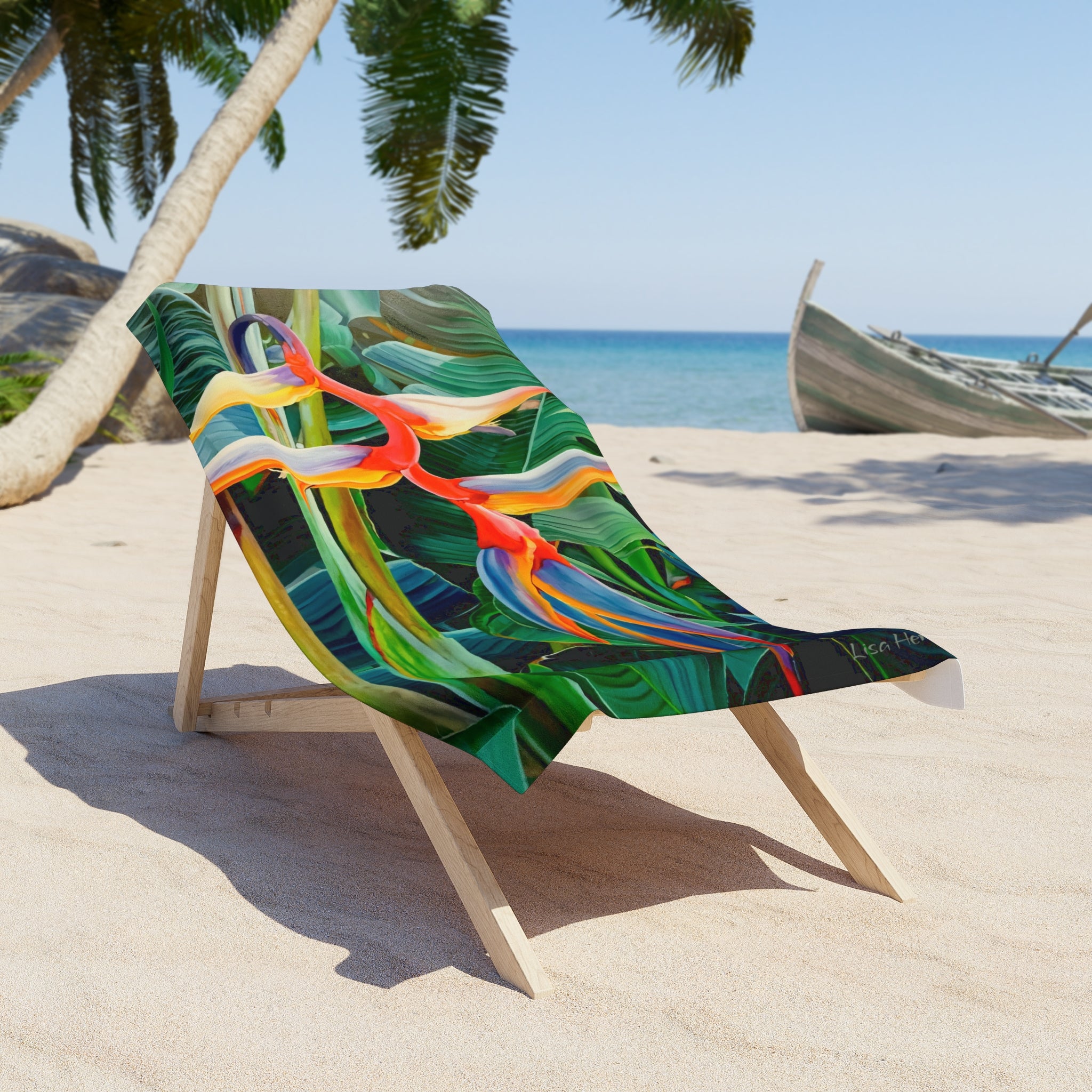 Beach Towel Lisa Herrera art print Tropical Bird of Paradise — Vibrant Caribbean Floral Print