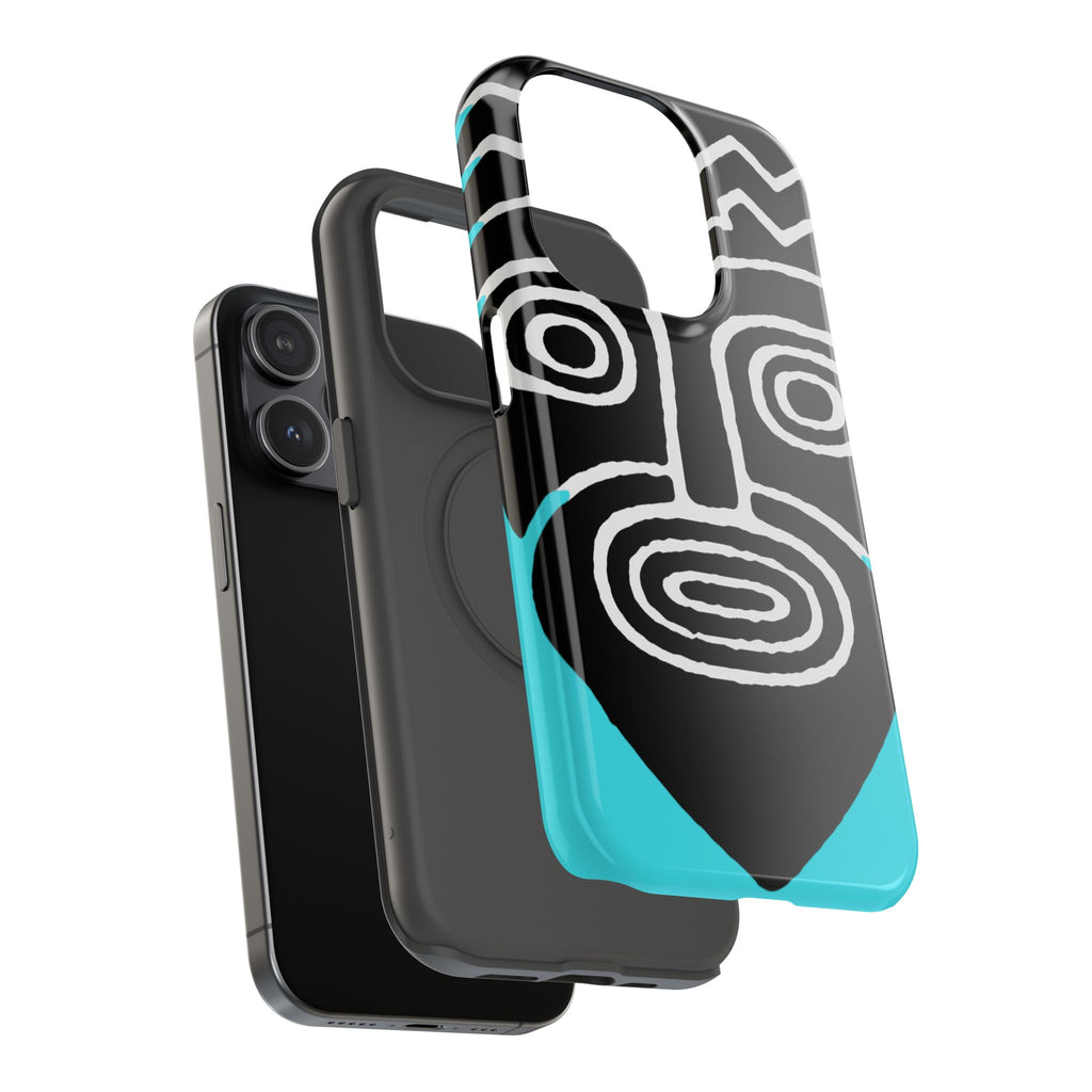 Phone case Impact-Resistant  — Abstract Tribal Mask Design (Black & Teal)