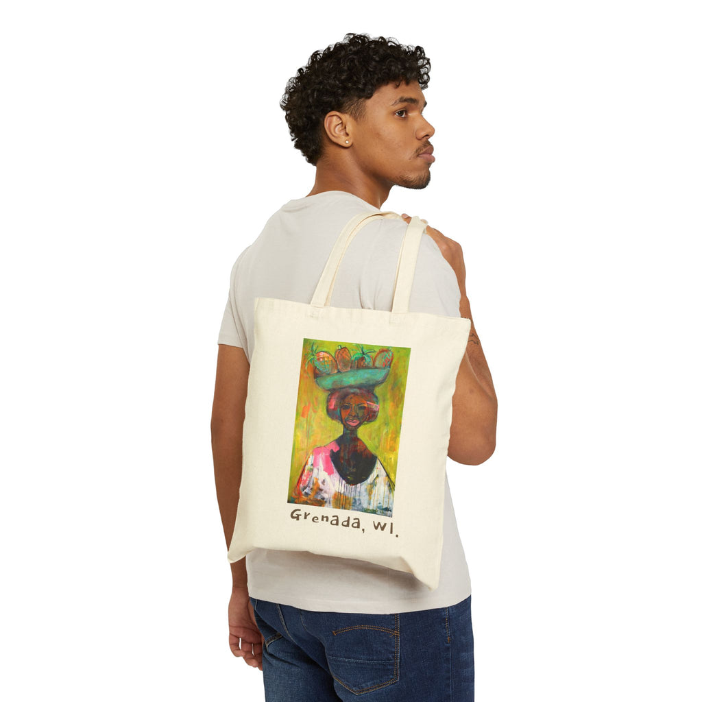 Tote Bag Lisa Herrera art print Grenada Market Lady Canvas Tote Bag — Colorful Caribbean Art Grocery Tote