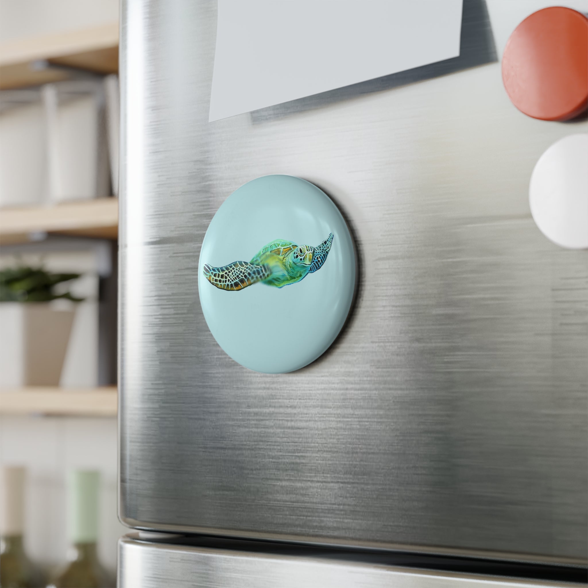 Sea Turtle Round Magnet — Aquatic Art Button Magnet for Ocean Lovers