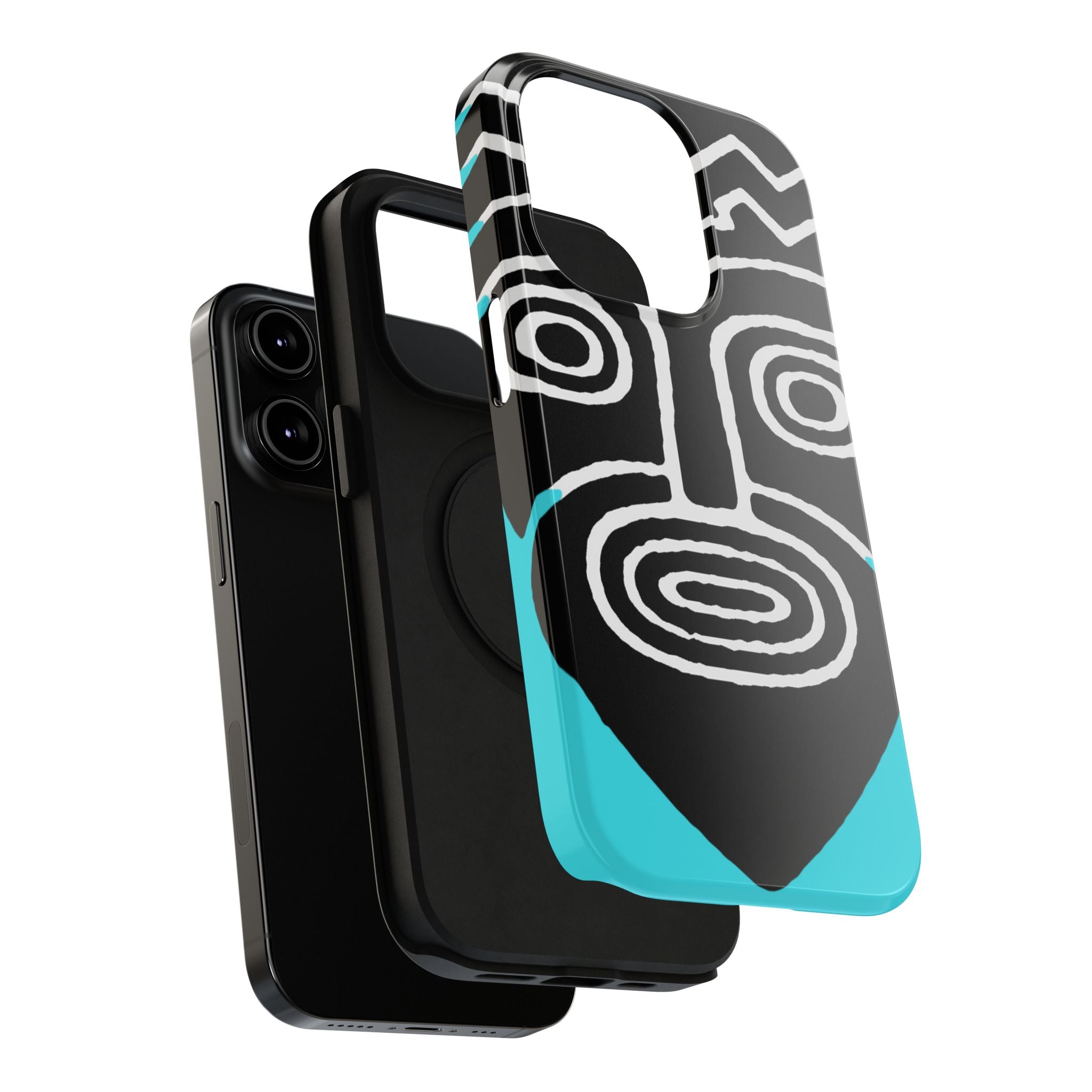 Phone case Impact-Resistant  — Abstract Tribal Mask Design (Black & Teal)