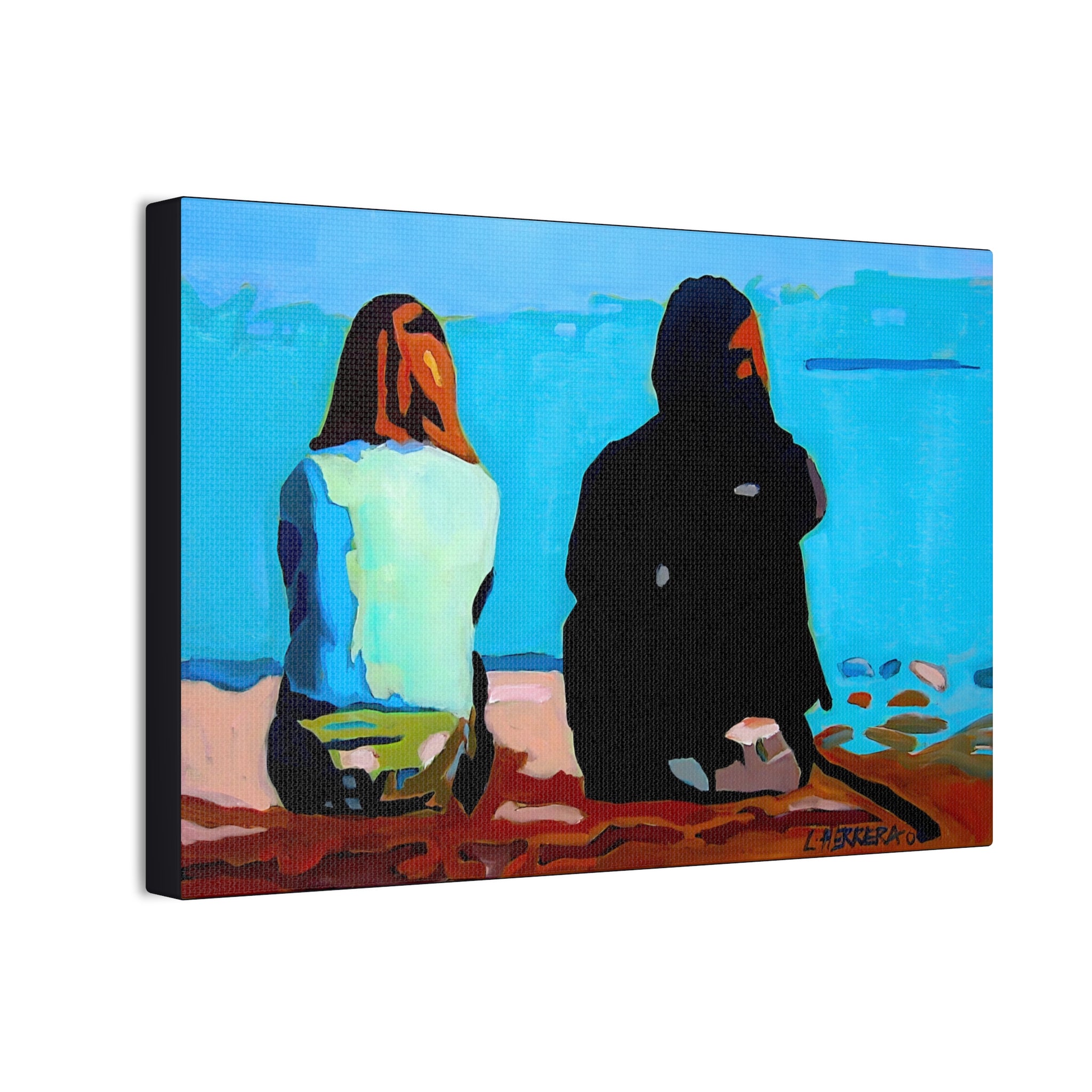 Canvas Print Lisa Herrera Art Two Friends Satin Canvas Wall Art — Friends Sitting by Ocean Stretched Print