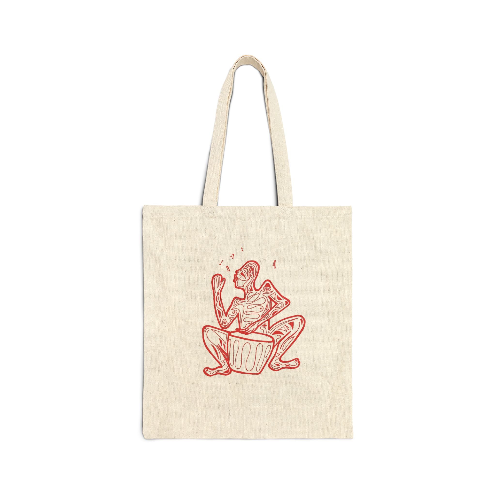 Tote Bag Canvas with Red Line Art Native Drummer — Eco-Friendly Music Lover Tote