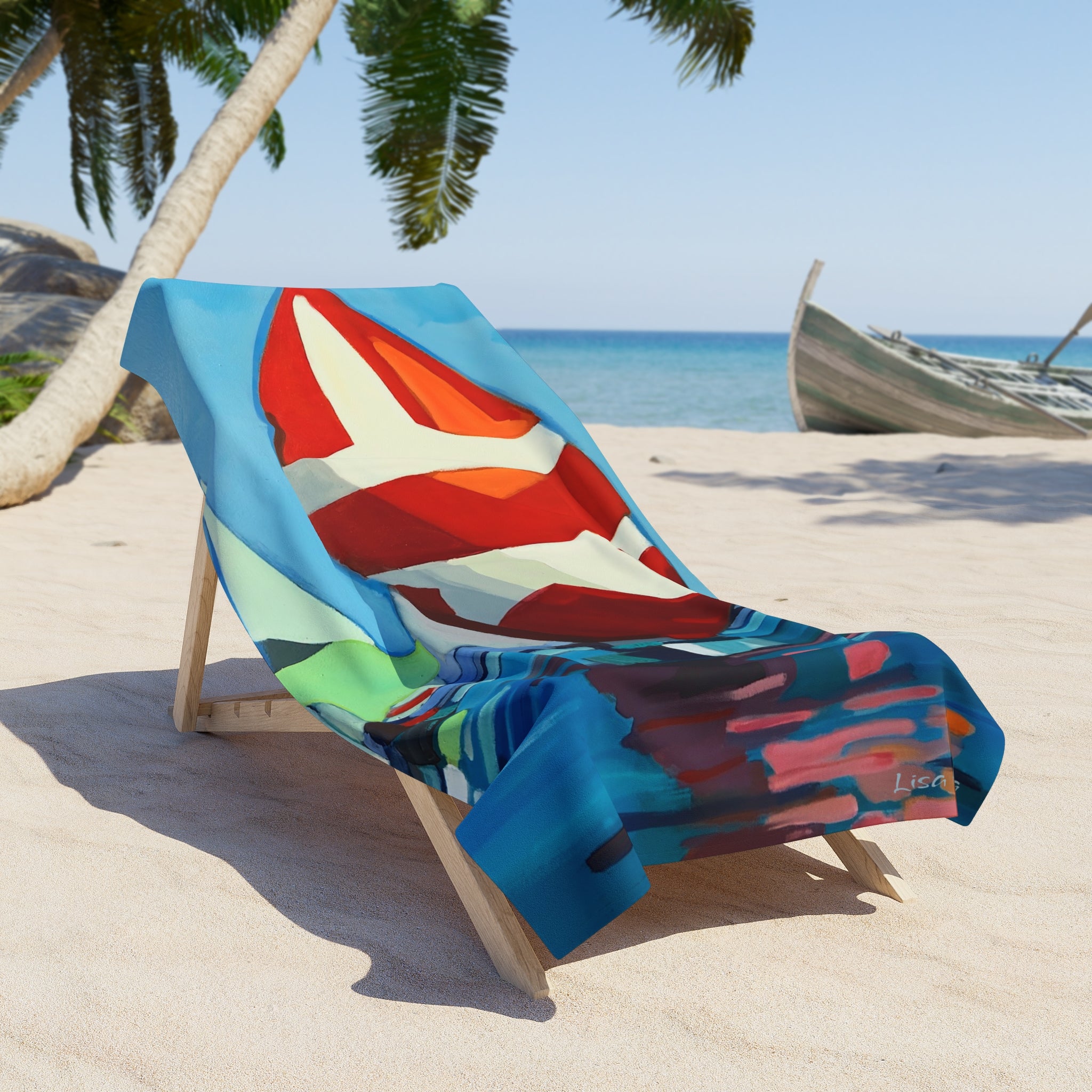 Beach Towel Print of Painting Sail Boats — Colorful Nautical Art Towel for Summer