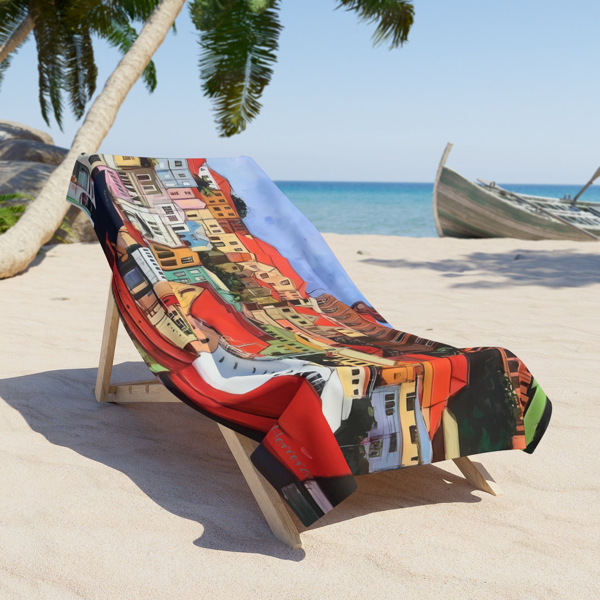 Beach Towel print of The Carenage Grenada — Colorful Carenage with boats Design