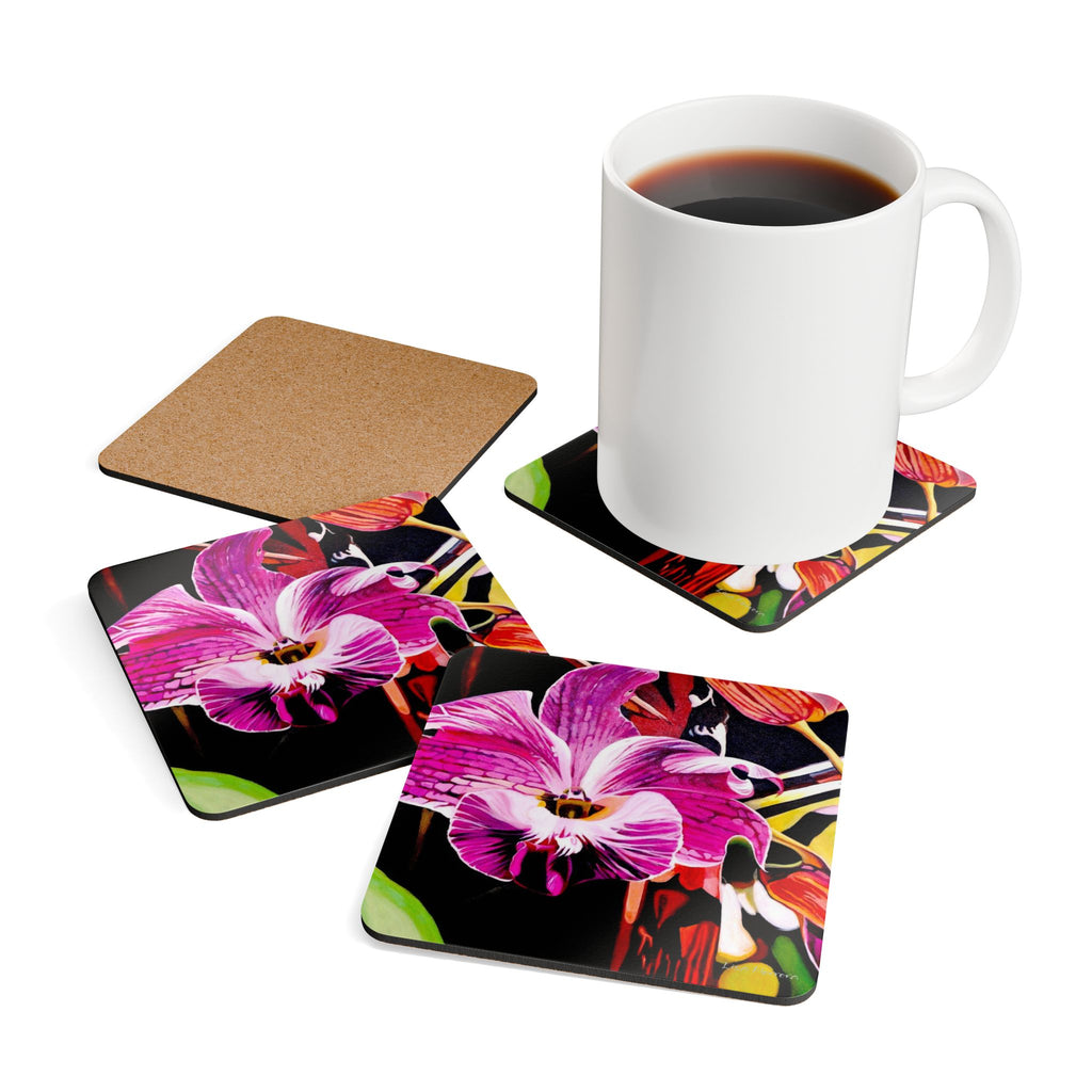 Tropical Orchid Cork Coaster Set — Floral Drink Coasters (4-Pack)