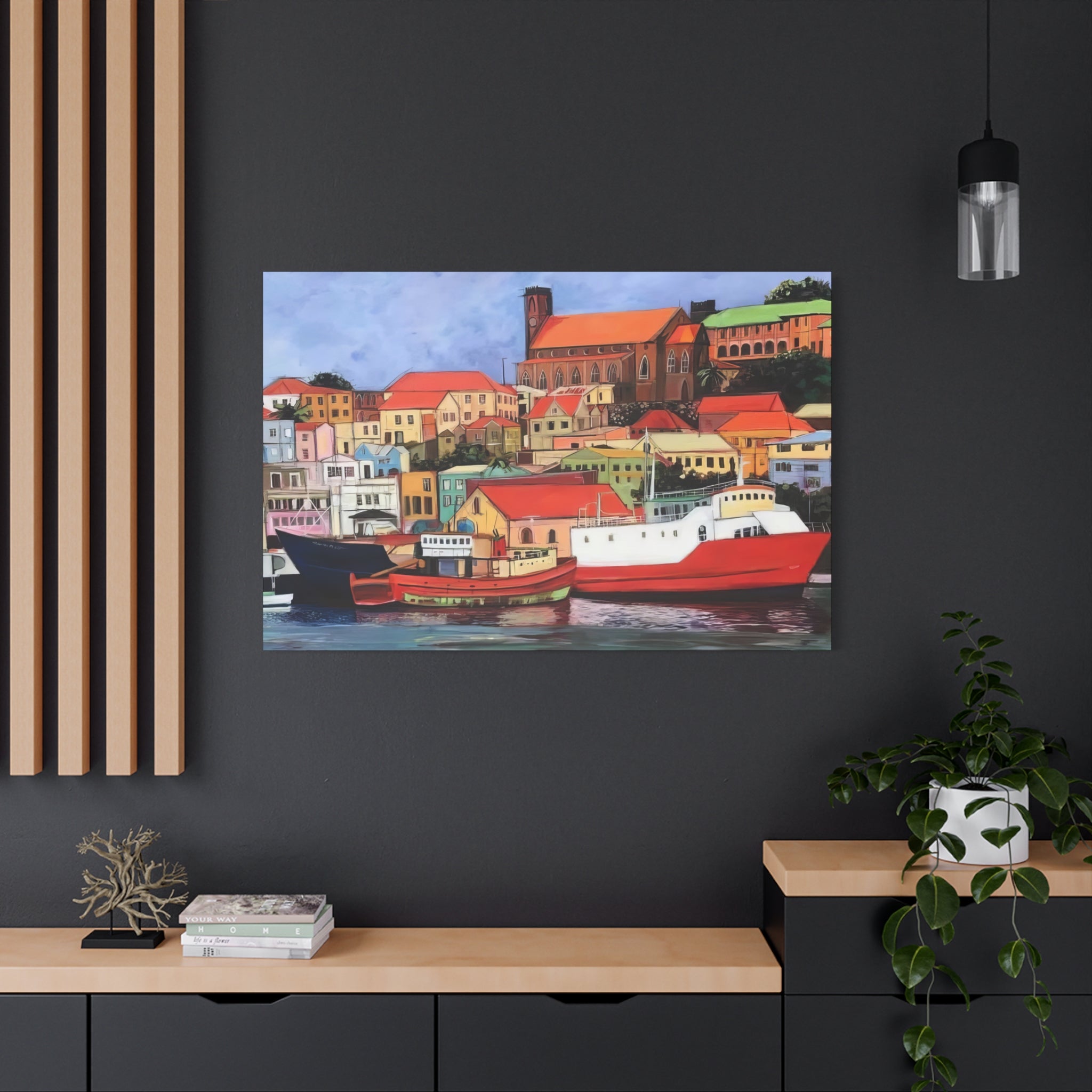 Printed Canvas of St. George's Carenage  Matte Canvas Print — Colorful Coastal Boats Wall Art