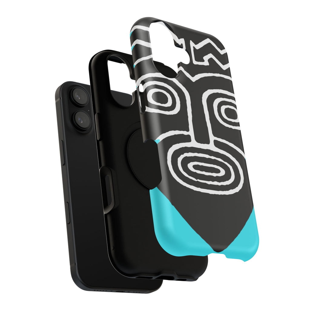 Phone case Impact-Resistant  — Abstract Tribal Mask Design (Black & Teal)